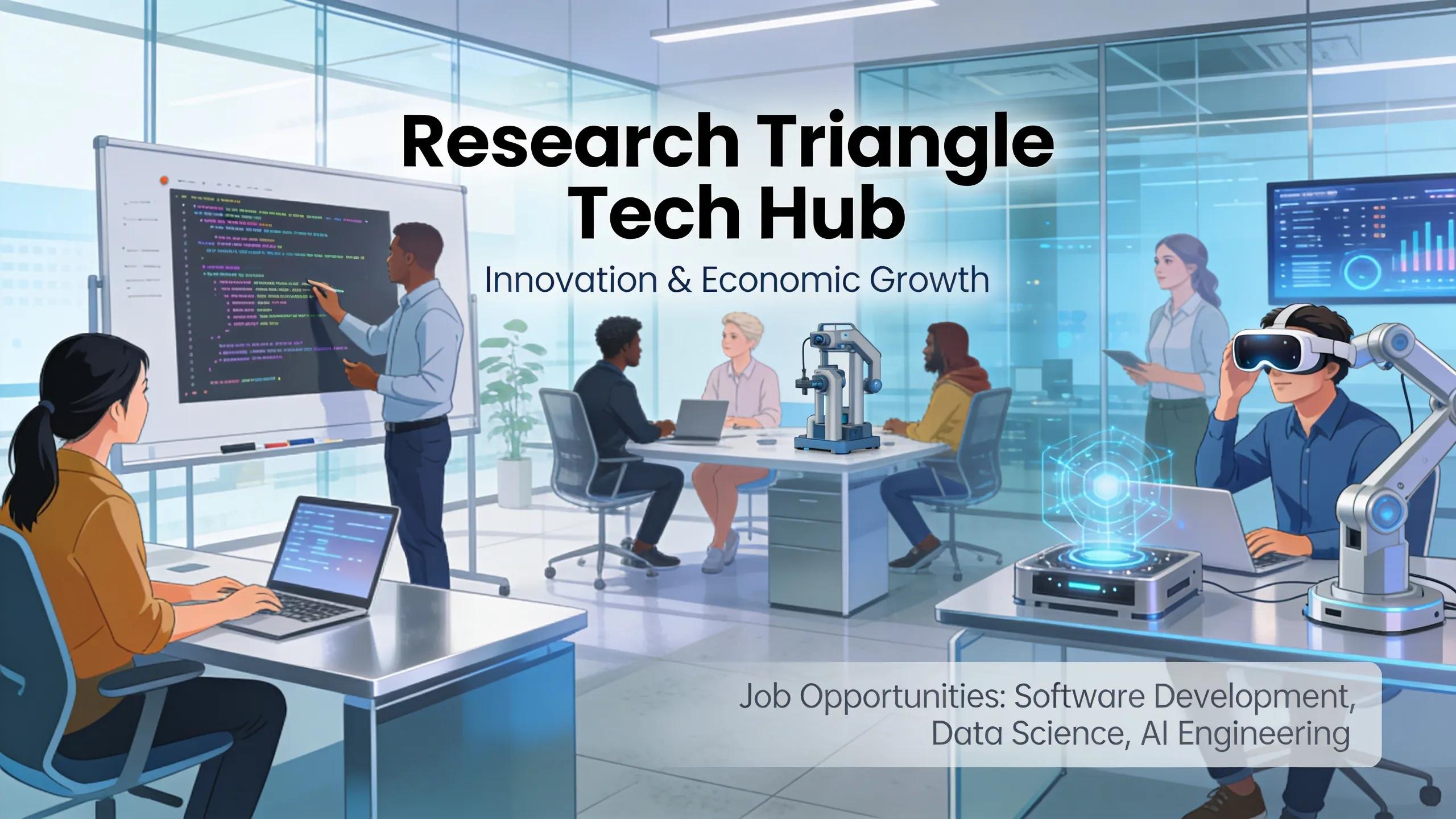 Diverse professionals collaborating in a high-tech office, symbolizing economic opportunities in the Research Triangle.