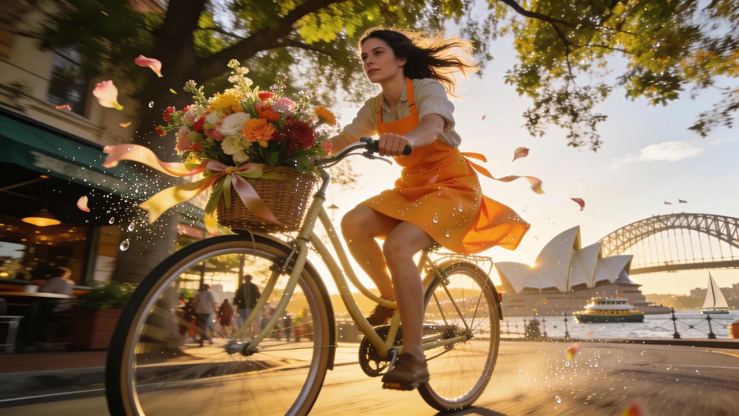 Florist delivering flowers by bicycle in a vibrant Sydney street
