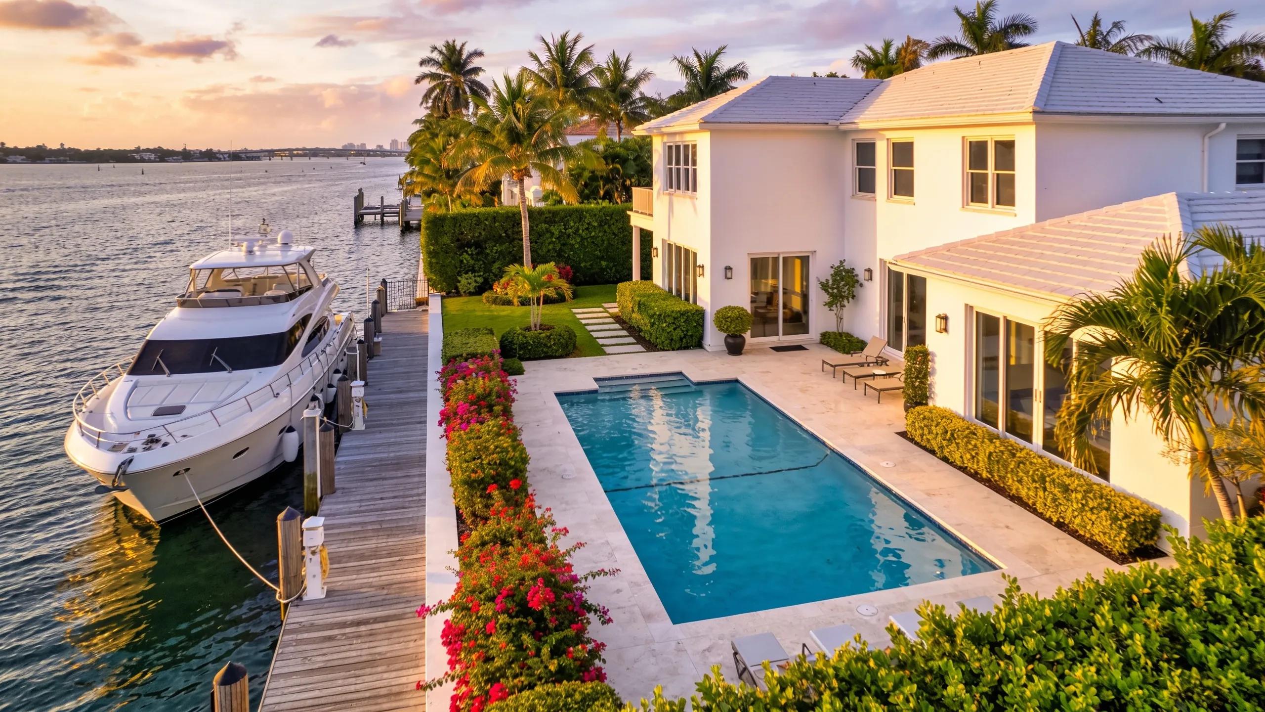 Waterfront luxury home on La Gorce Island with pool and private boat dock, highlighting investment potential