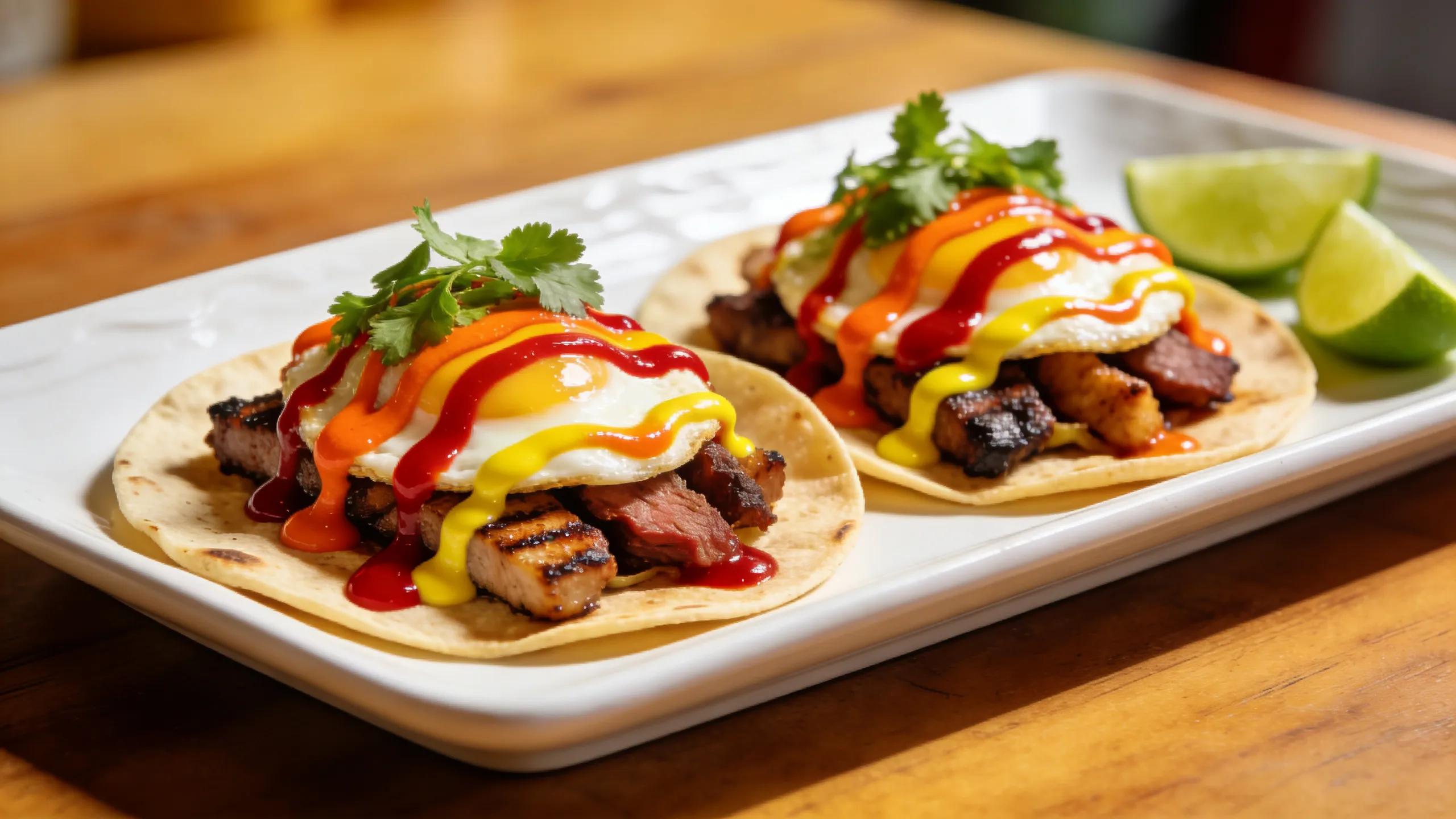 Tacos topped with artisan hot sauce, grilled meats, and eggs showcasing delicious food pairings
