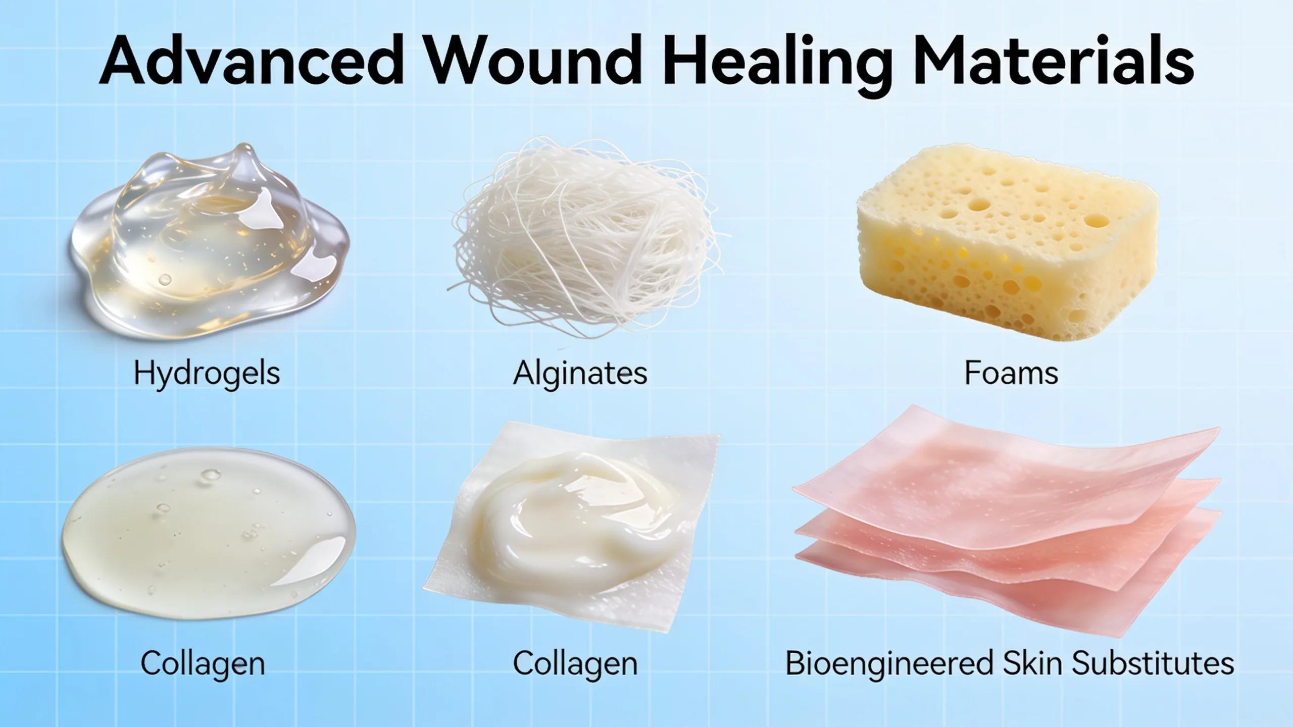 Advanced wound healing materials including hydrogels, alginates, foams, collagen, and bioengineered skin substitutes are now
