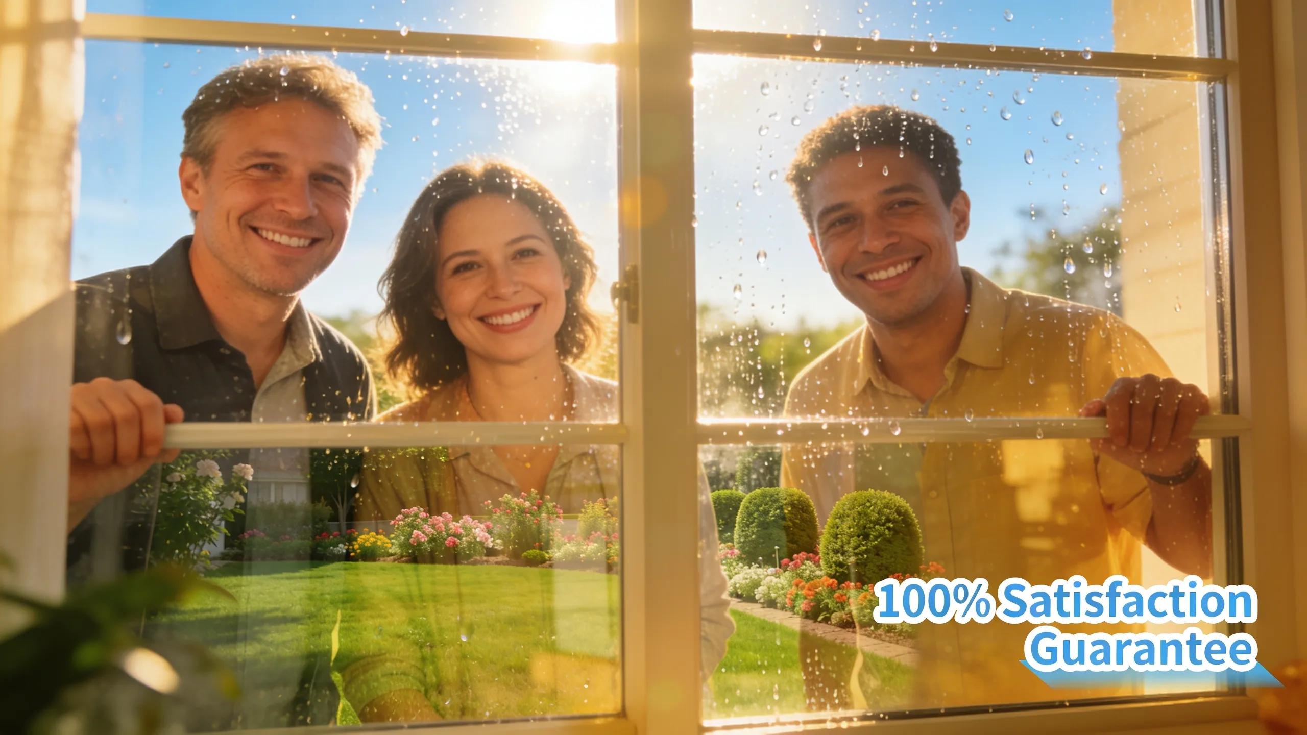 Satisfied customers enjoying their newly cleaned windows with a picturesque view