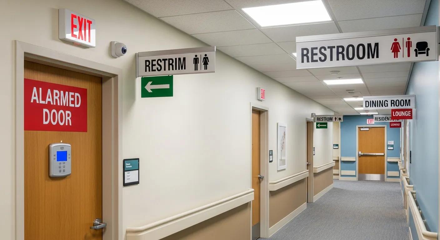 Safety features in a memory care facility, including alarmed doors and clear signage