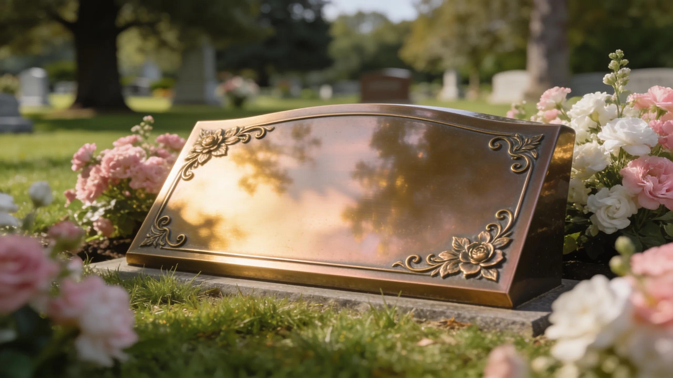 Bevel bronze plaque on a grave surrounded by flowers and grass, representing memorialization