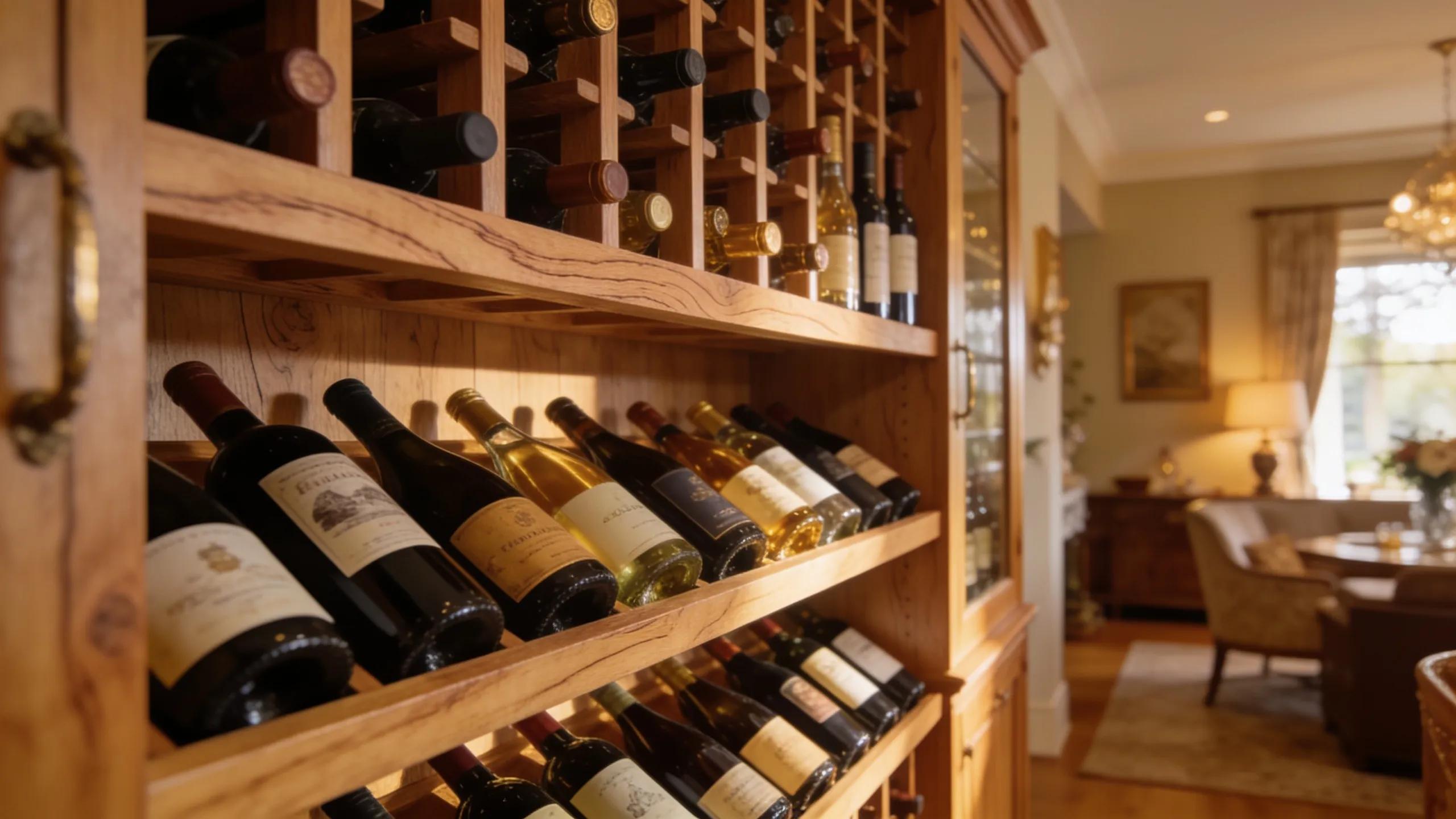 Aesthetic wooden wine rack in an elegant Australian home showcasing bottles of wine