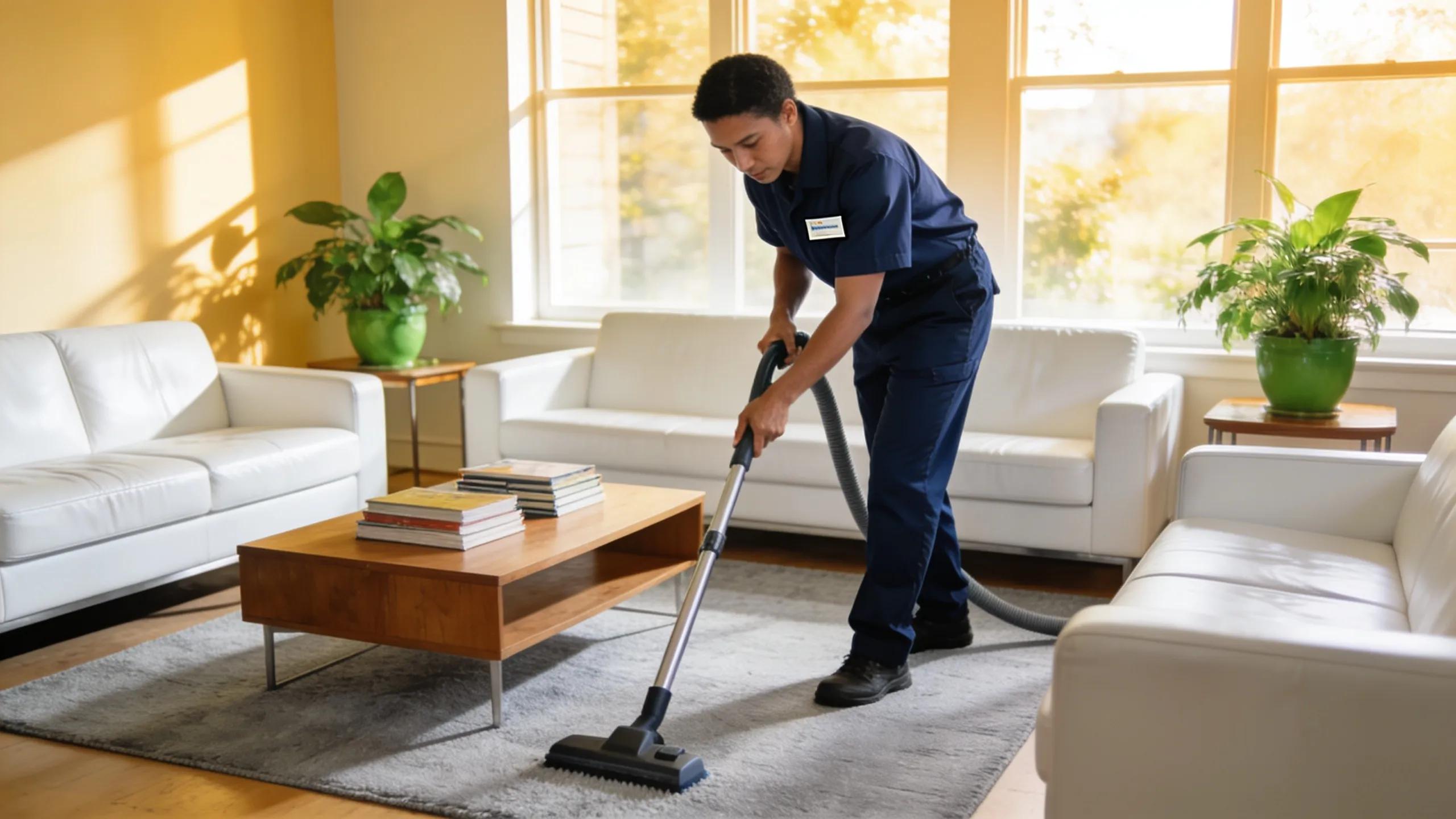 Professional cleaning services in a bright living room showcasing a reliable cleaner at work