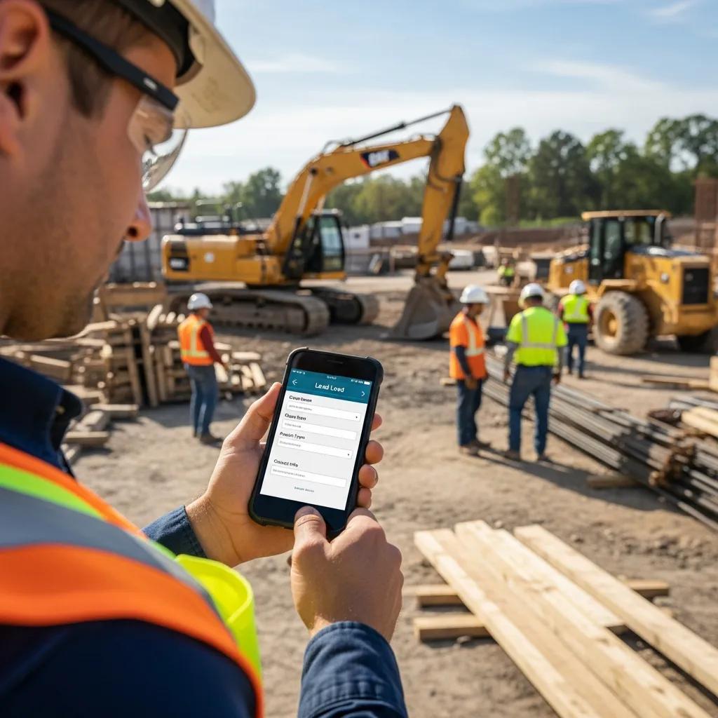 Contractor entering a lead on a mobile device at a jobsite