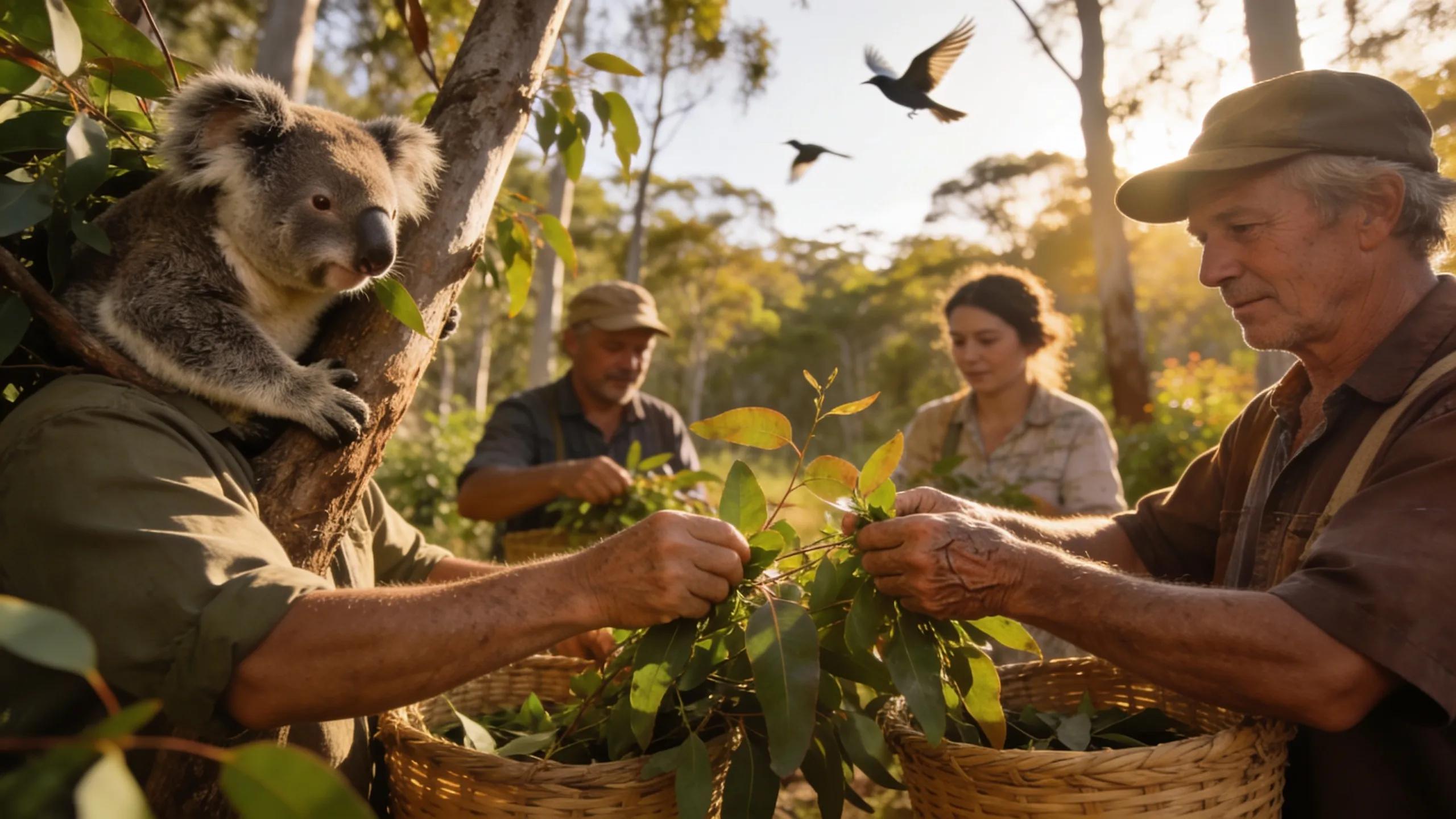 Farmers engaged in sustainable harvesting of eucalyptus plants in a natural Australian landscape