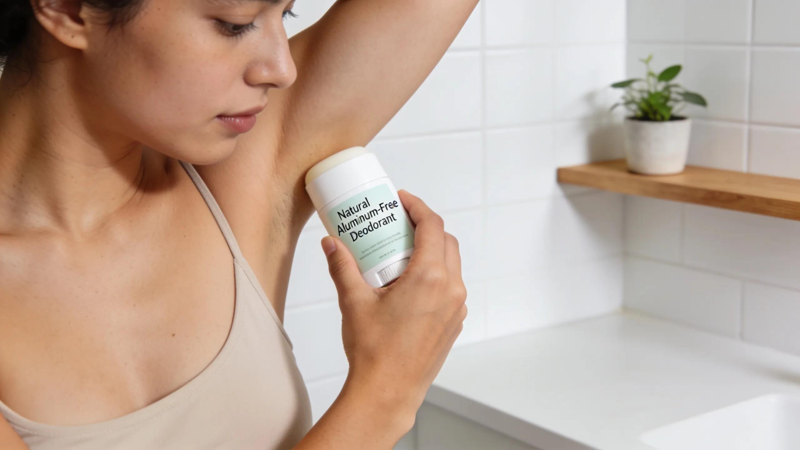 Person applying aluminum-free natural deodorant in a minimalistic bathroom, emphasizing health benefits and easy application.