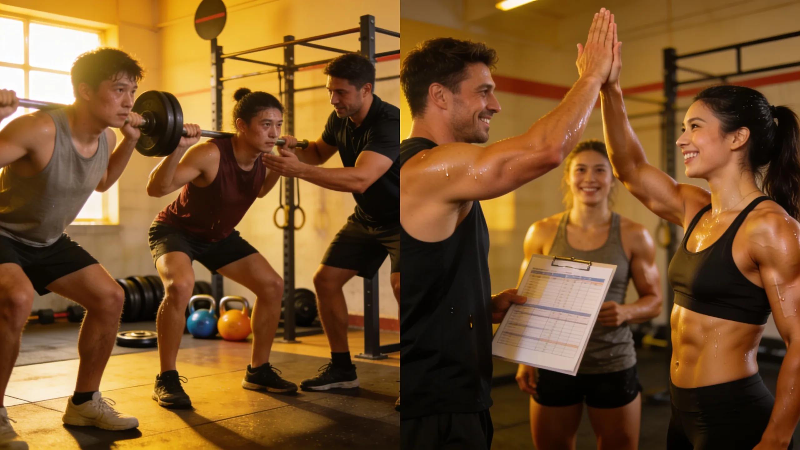 Before-and-after client transformation celebrating fitness achievements through strength coaching, highlighting success stories
