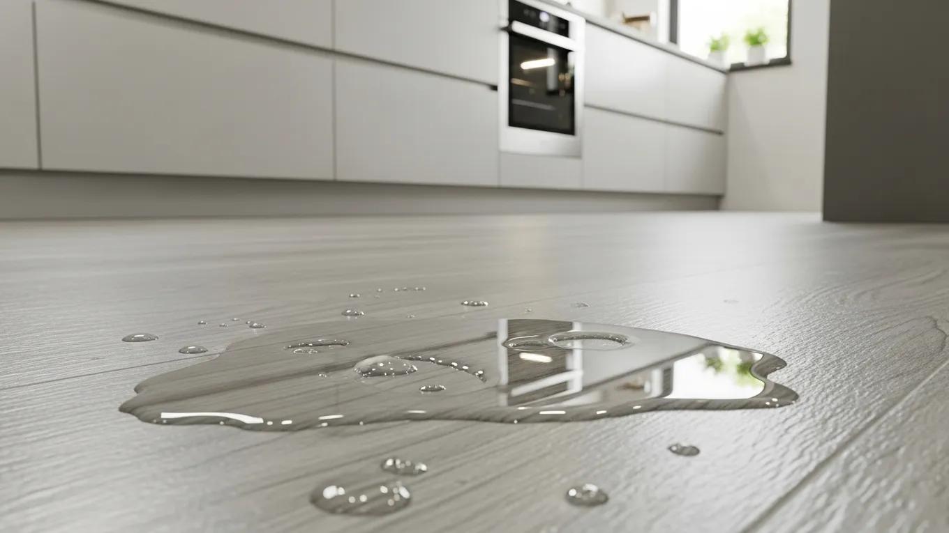 Waterproof vinyl flooring in a modern kitchen with a water spill on the surface, showcasing durability and moisture resistance.