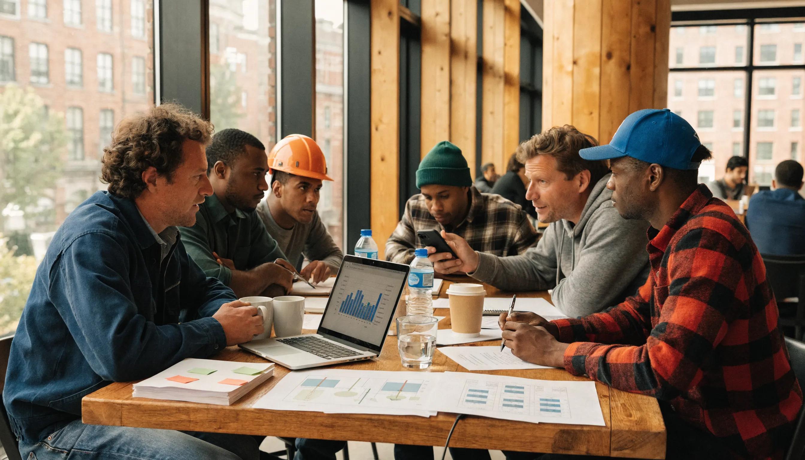 Contractors participating in a workshop on customer engagement techniques, showcasing collaboration