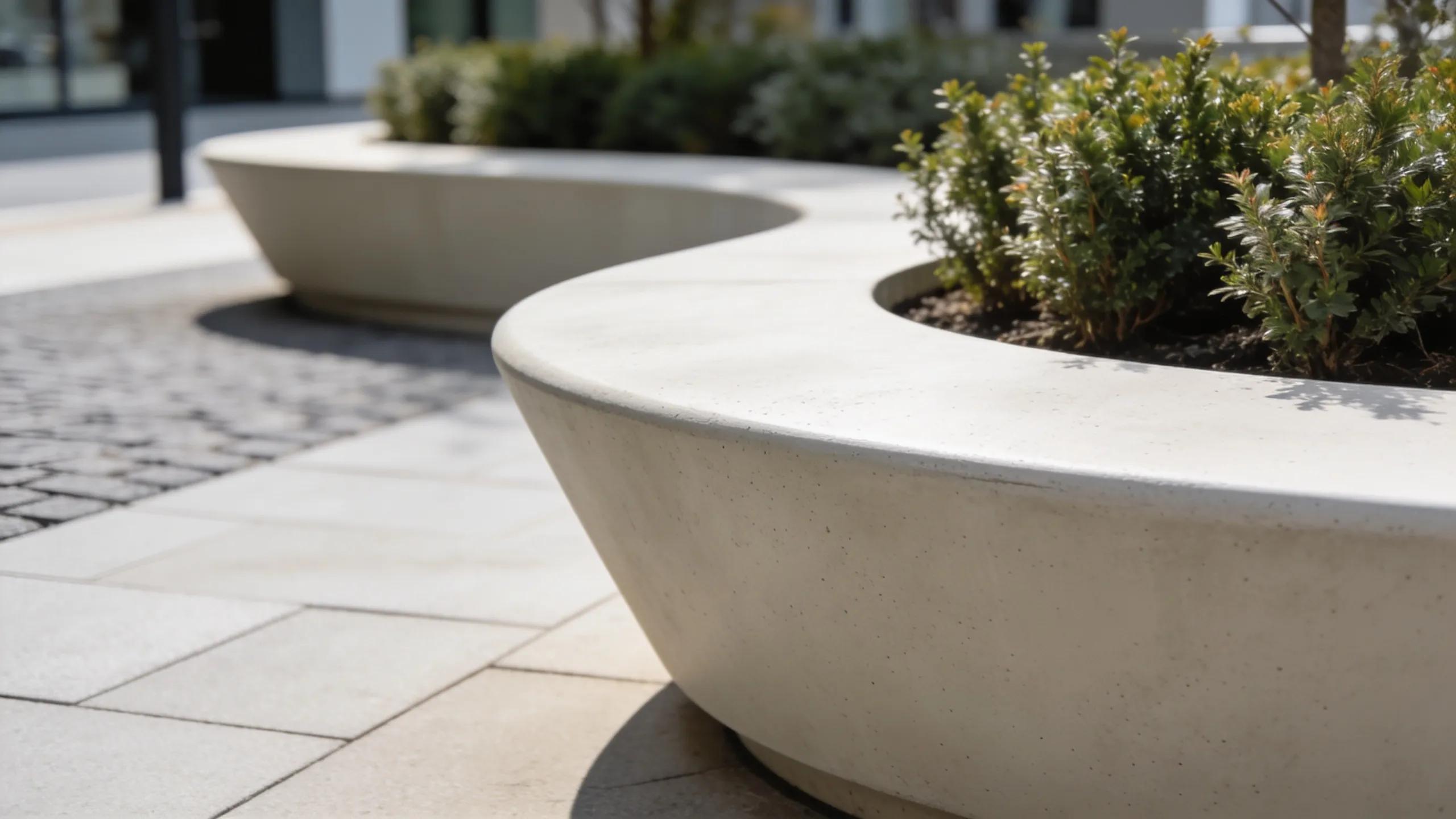 Close-up of a durable fiberglass planter emphasizing its sturdy features in a commercial setup