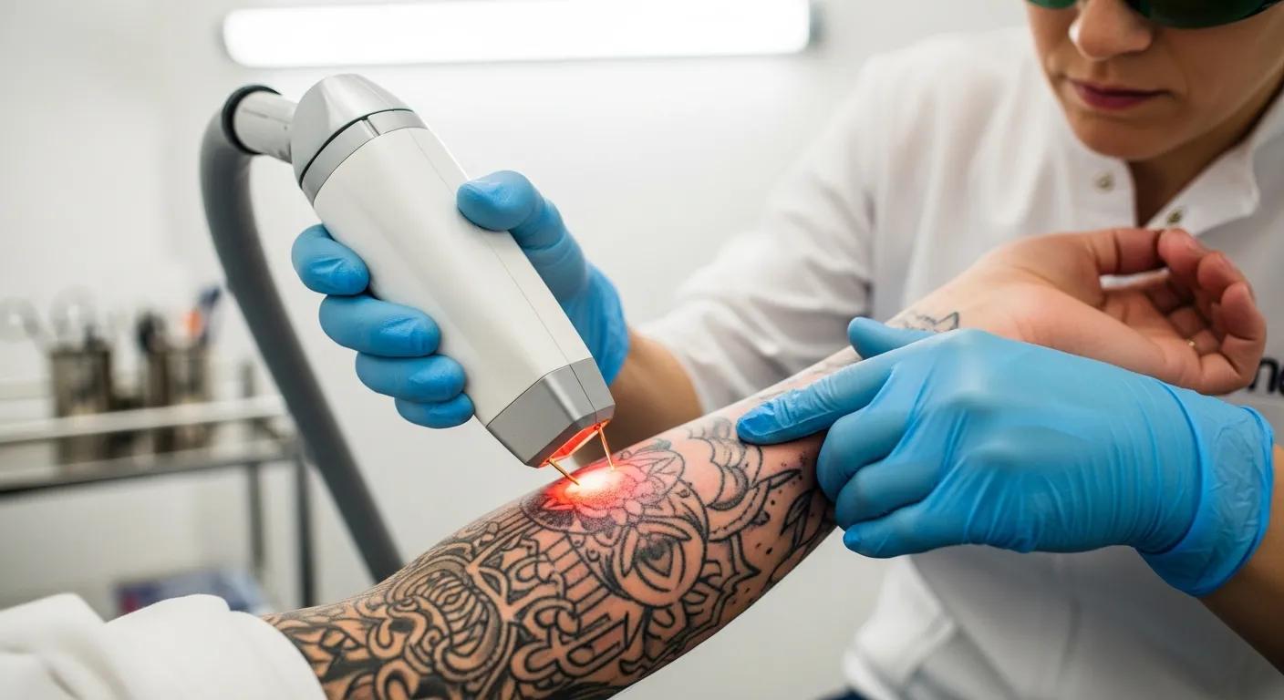 Tattoo removal procedure using laser treatment on a forearm, highlighting the removal of intricate tattoo designs, with a technician wearing gloves and protective eyewear.