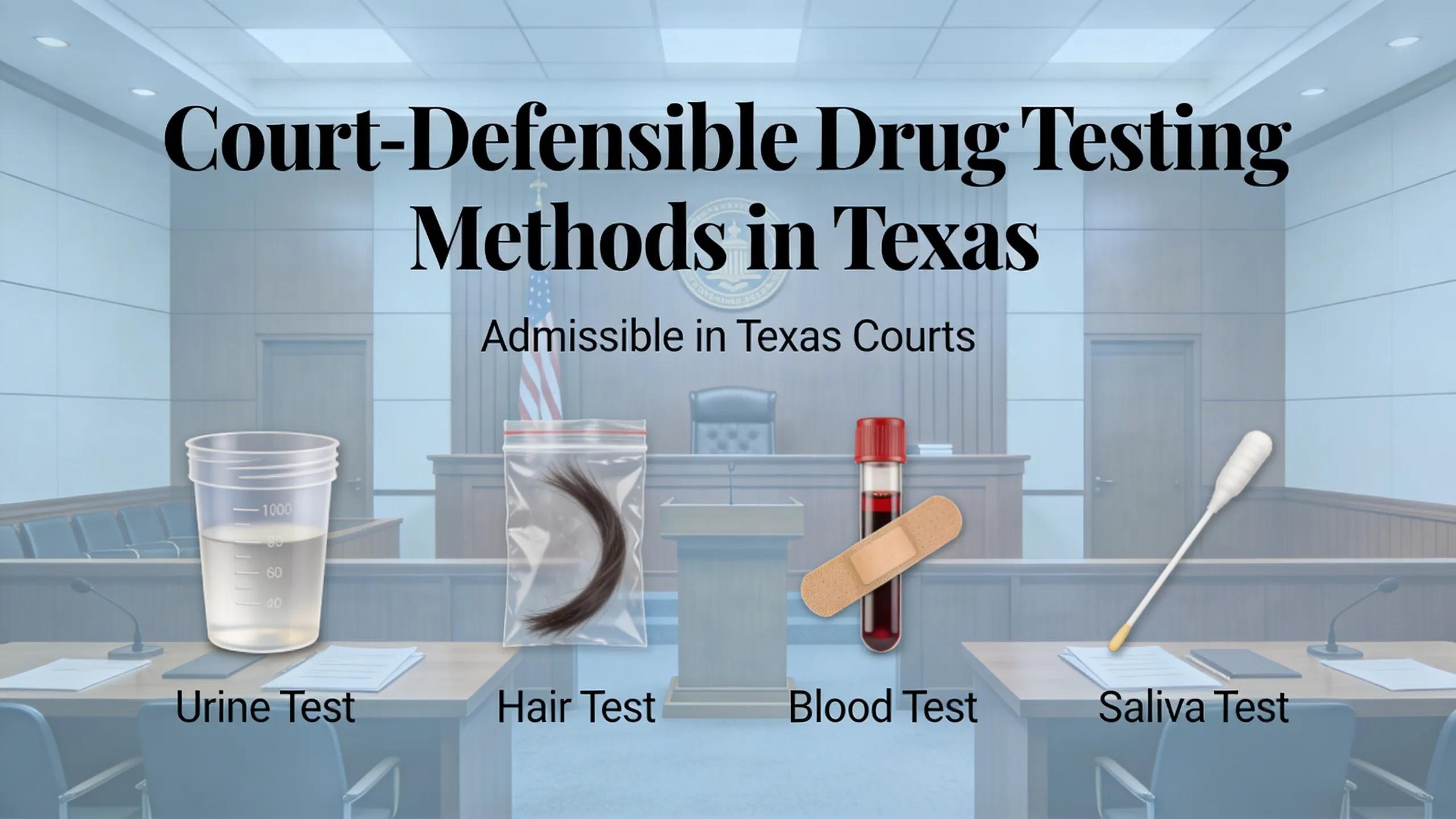 Various drug testing methods displayed in a courtroom context illustrating legally defensible drug tests used in Texas