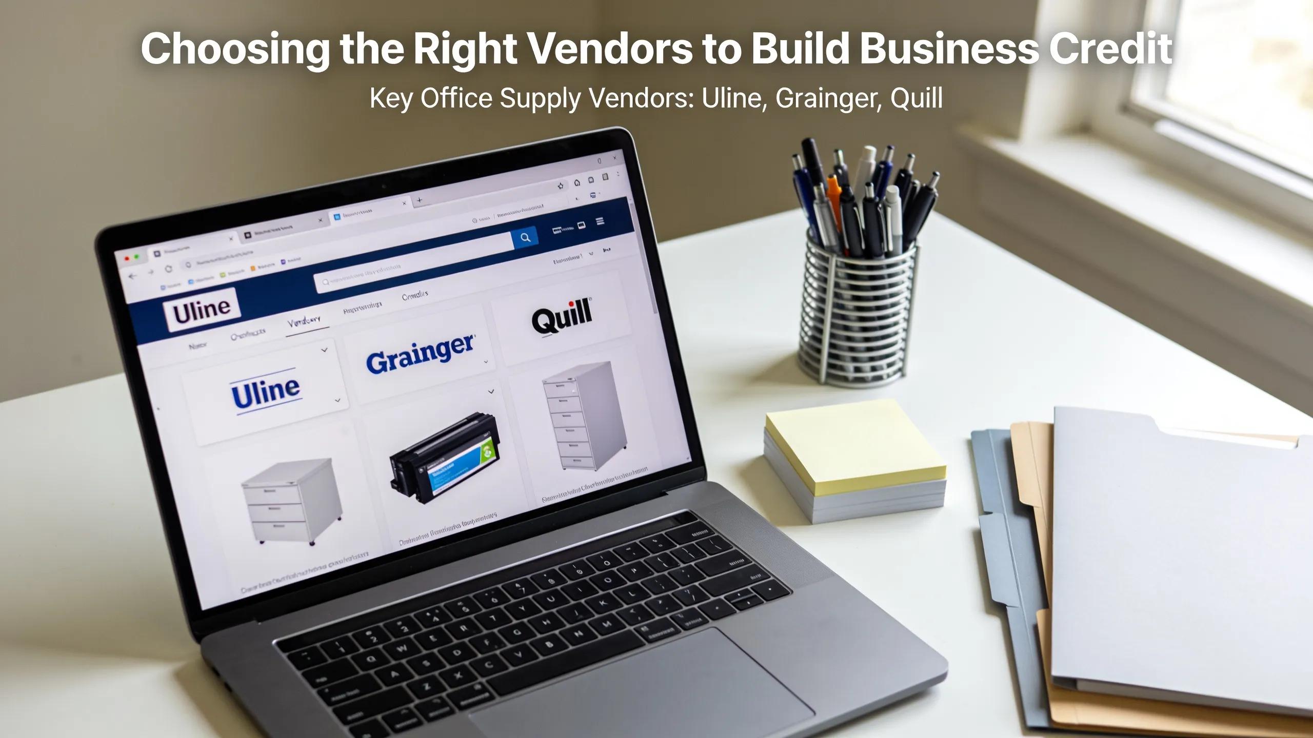 Close-up of an organized workspace with a laptop exploring Tier 1 vendors, emphasizing the selection for building business credit.