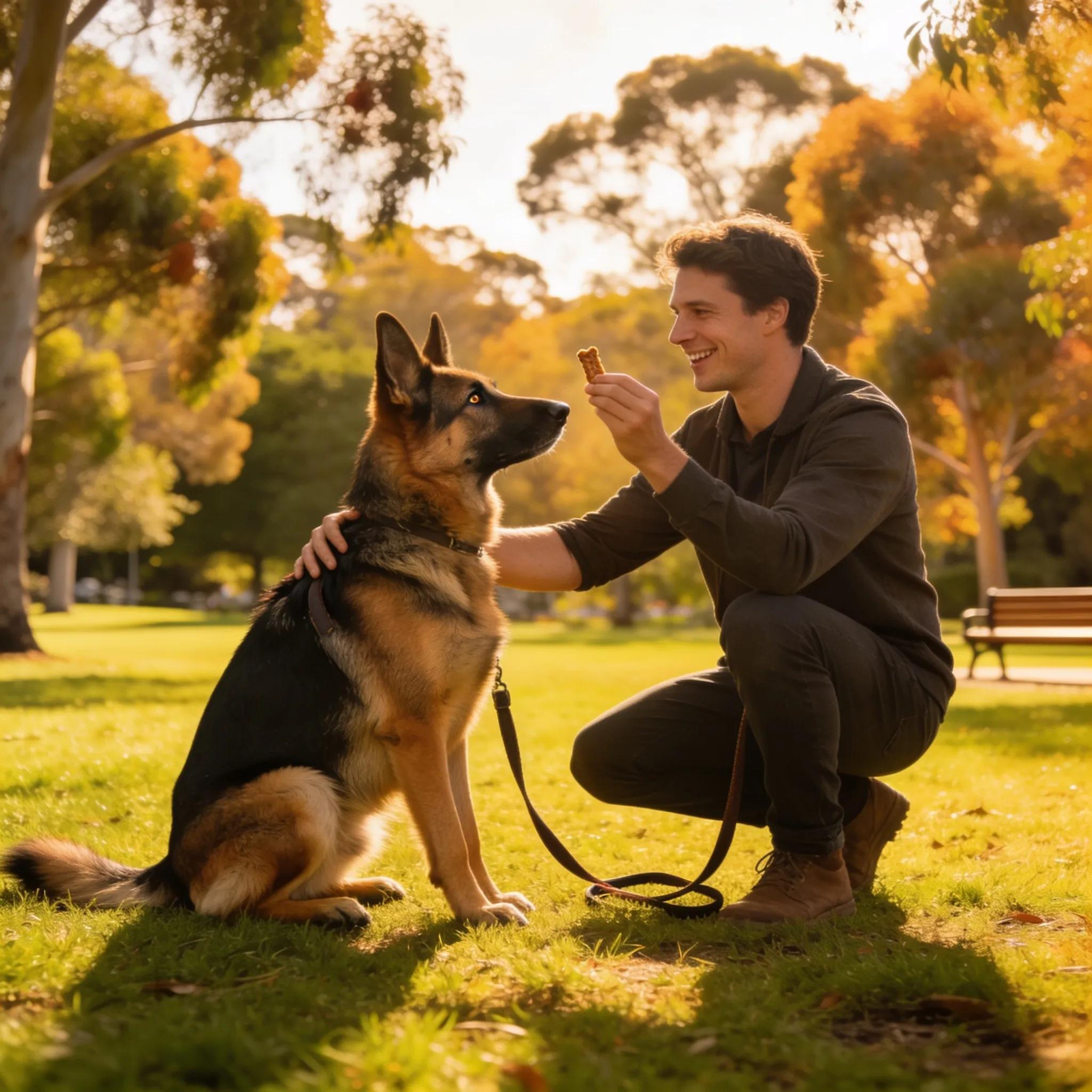 German Shepherd training session showcasing positive reinforcement techniques in a Melbourne park