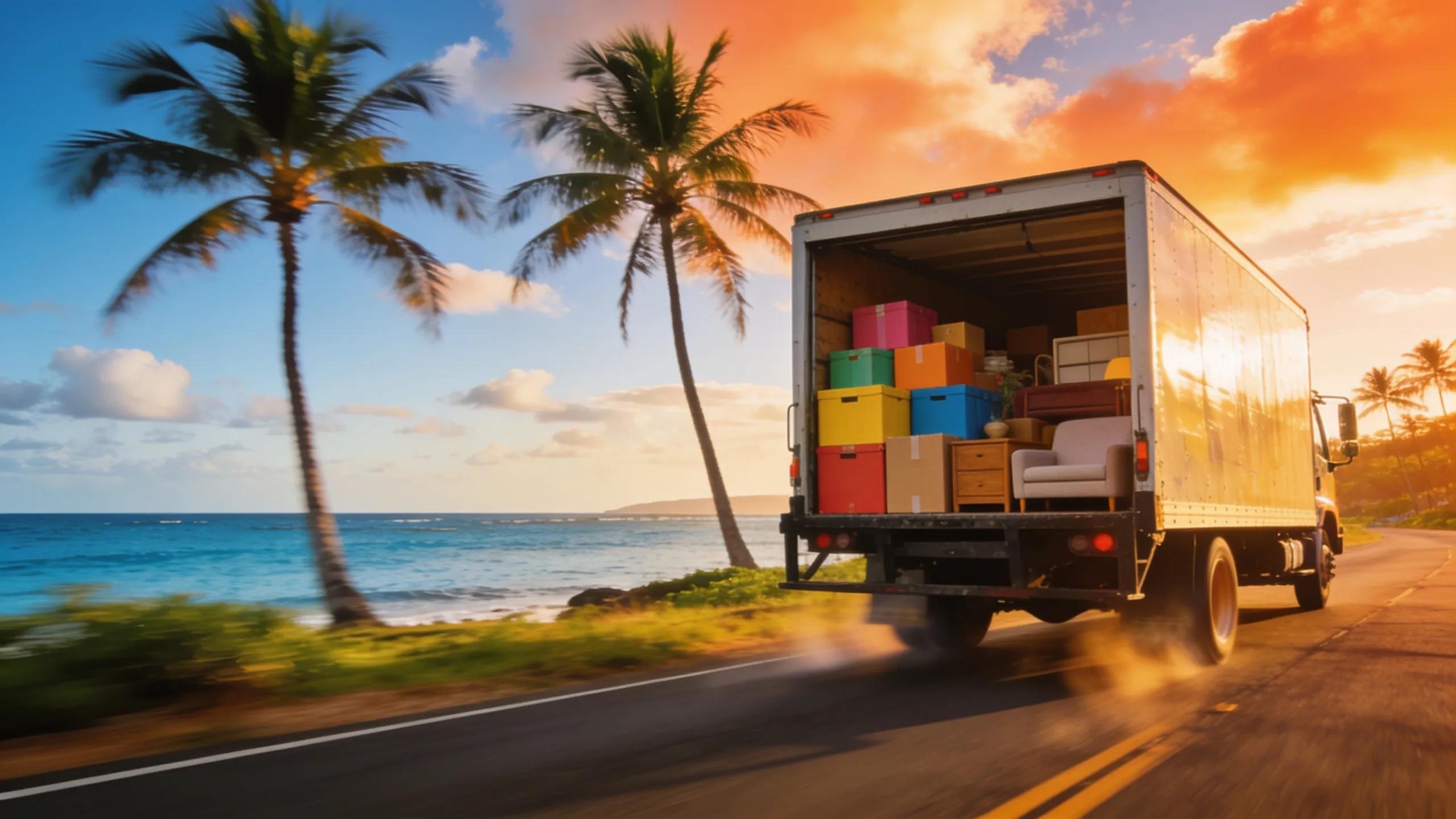 Moving truck with boxes in Hawaii's scenic landscape