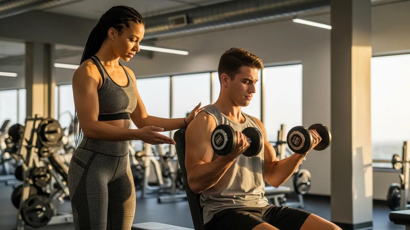 Personal trainer guiding a client in strength training for muscle gain