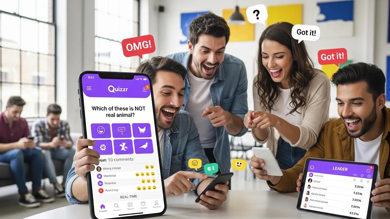 Group of friends engaging with a quiz app on smartphones and tablets, showcasing interactive content and real-time participation, emphasizing community building and user engagement strategies.
