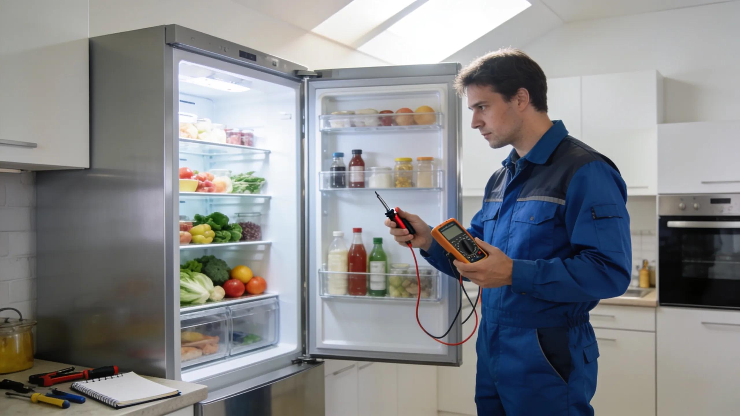 Technician examining a refrigerator in a bright kitchen, focusing on professional appliance repair services