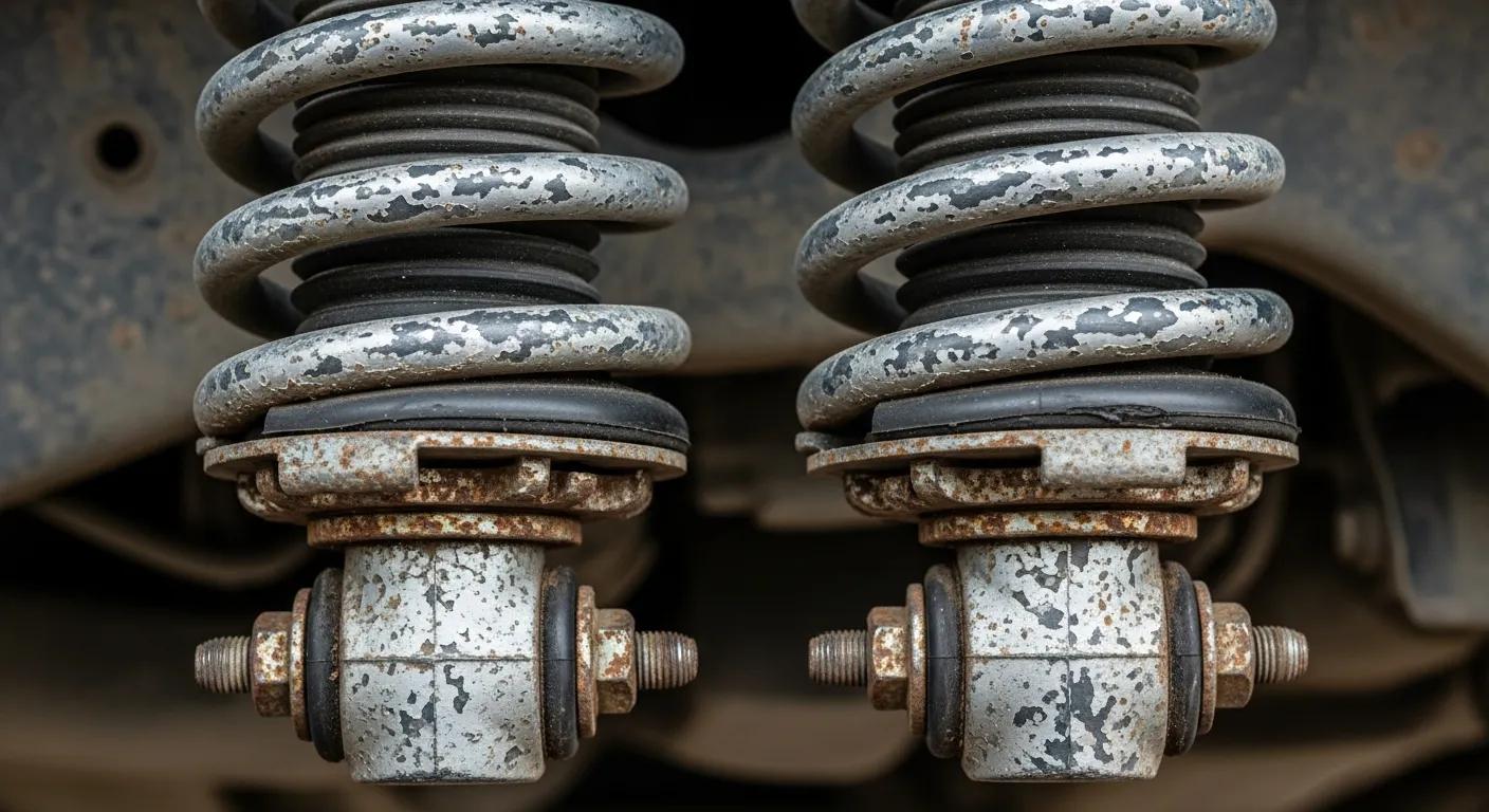 Close-up of worn shock absorbers and bushings showing signs of wear