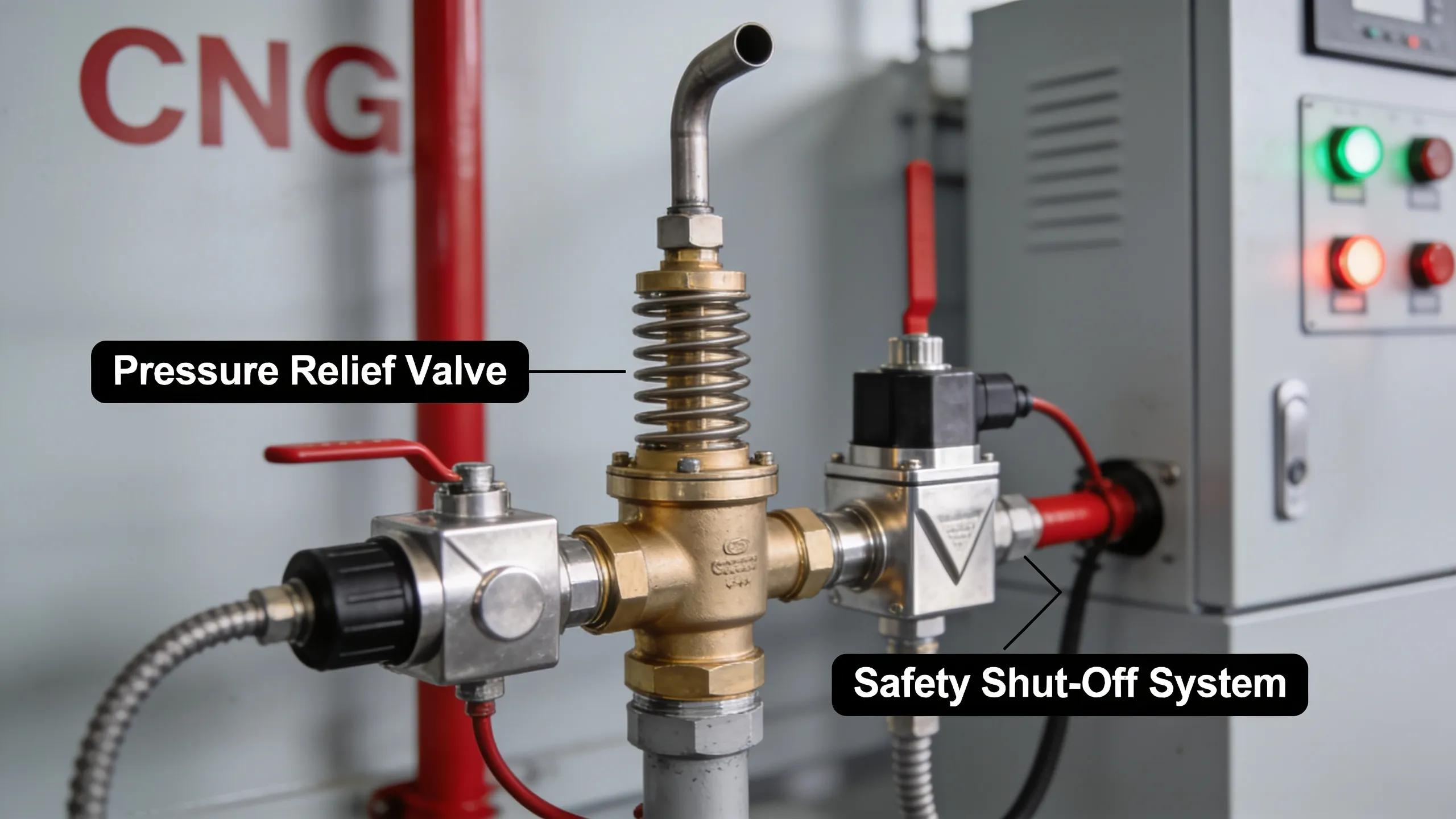 Safety components of CNG compressors emphasizing pressure relief and operational safety mechanisms