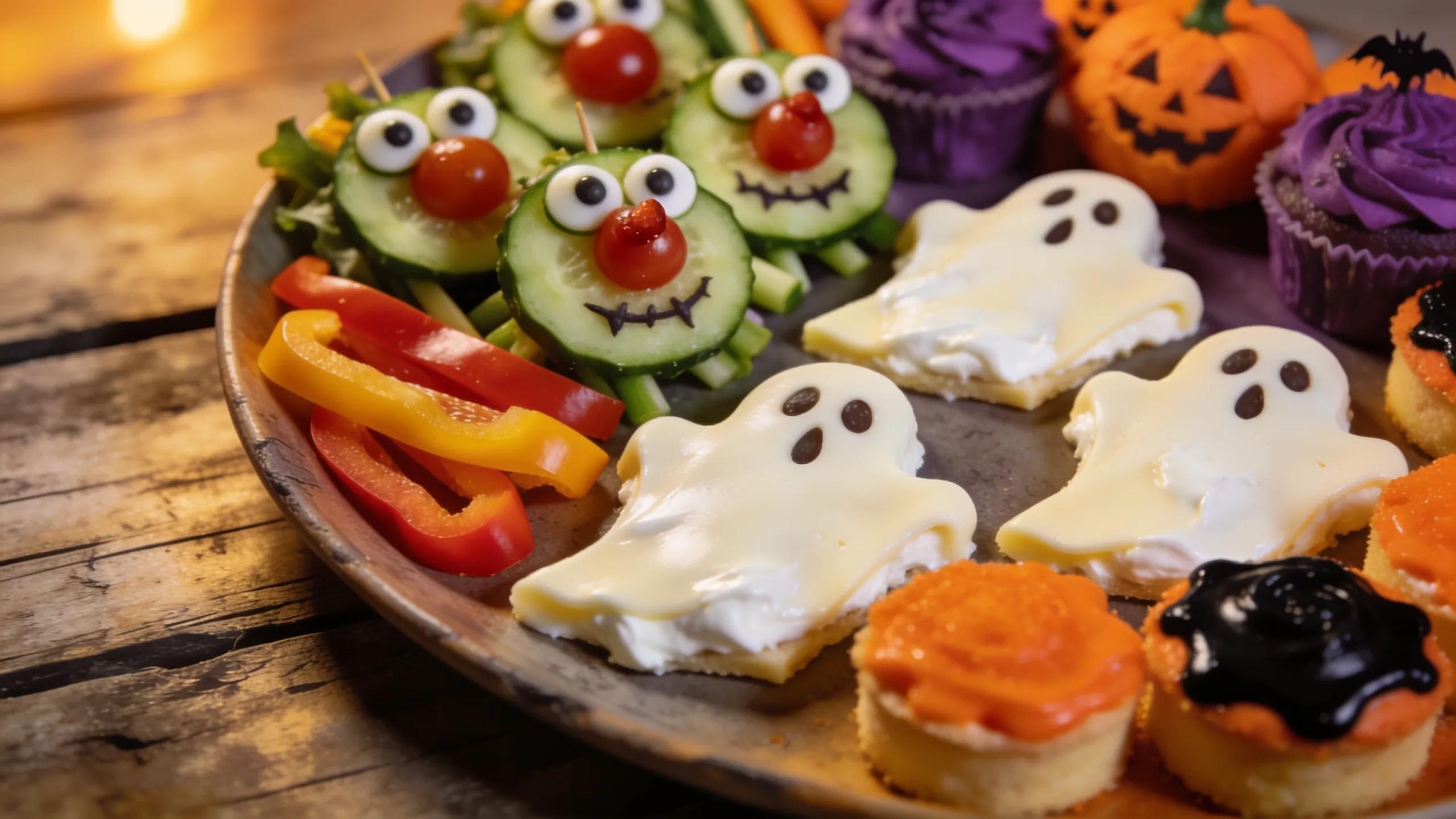 Artfully designed Halloween-themed food platter with creative decorations and vibrant colors