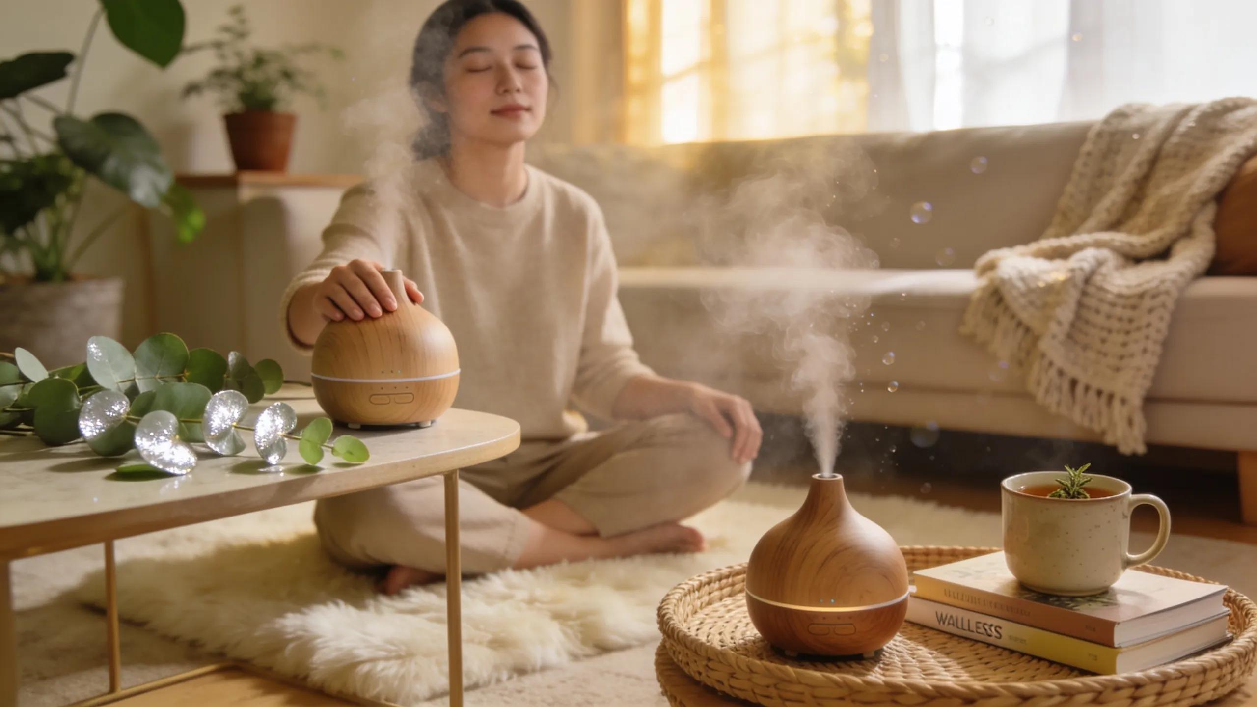 Person practicing aromatherapy with Australian native essential oils in a serene home environment