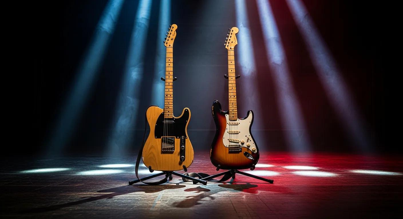 Iconic Fender Telecaster and Stratocaster electric guitars bathed in dramatic stage lighting