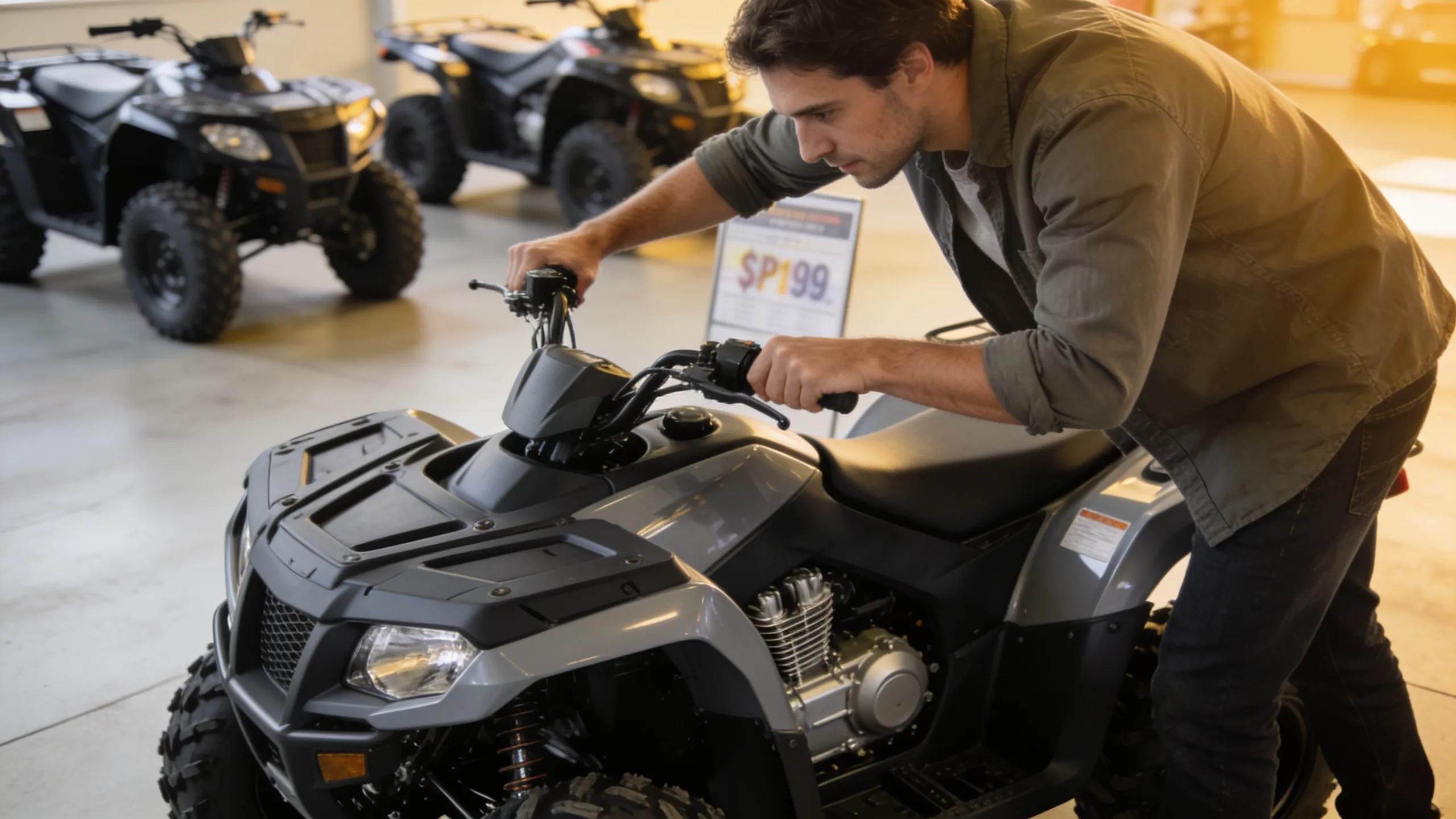 A potential buyer inspecting an ATV in a dealership, surrounded by various models, emphasizing the buying process.