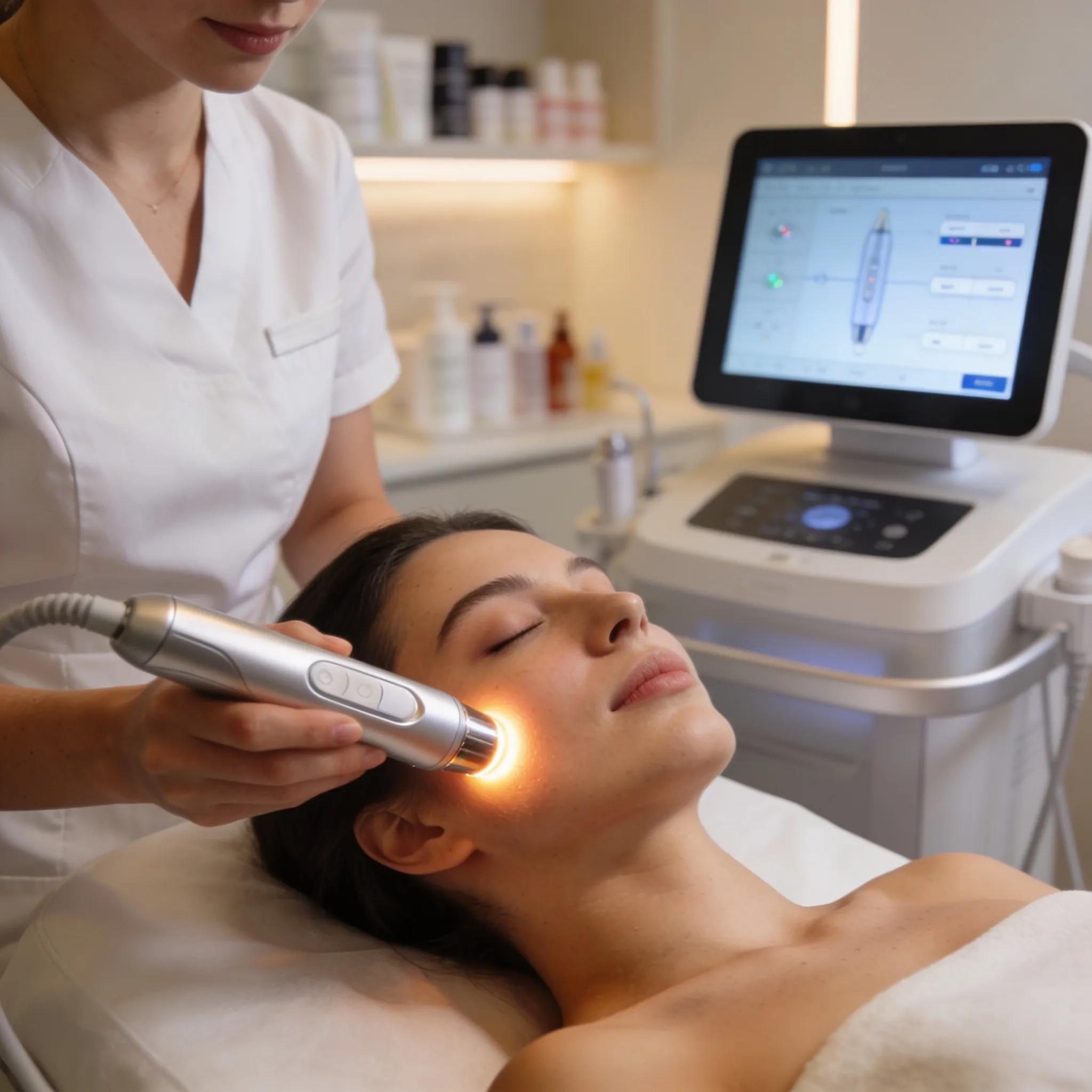 Provider delivering radiofrequency skin-tightening treatment to a client’s face with professional equipment Provider delivering radiofrequency skin-tightening treatment to a client’s face with professional equipment