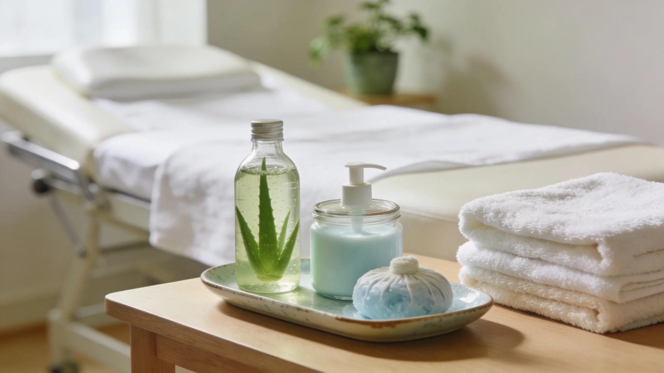 Welcoming spa treatment area with skincare products for Brazilian wax aftercare