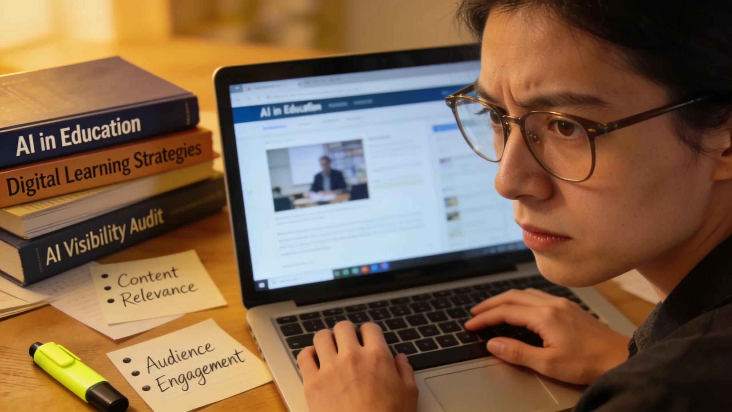 Educator analyzing content on laptop for AI visibility audit