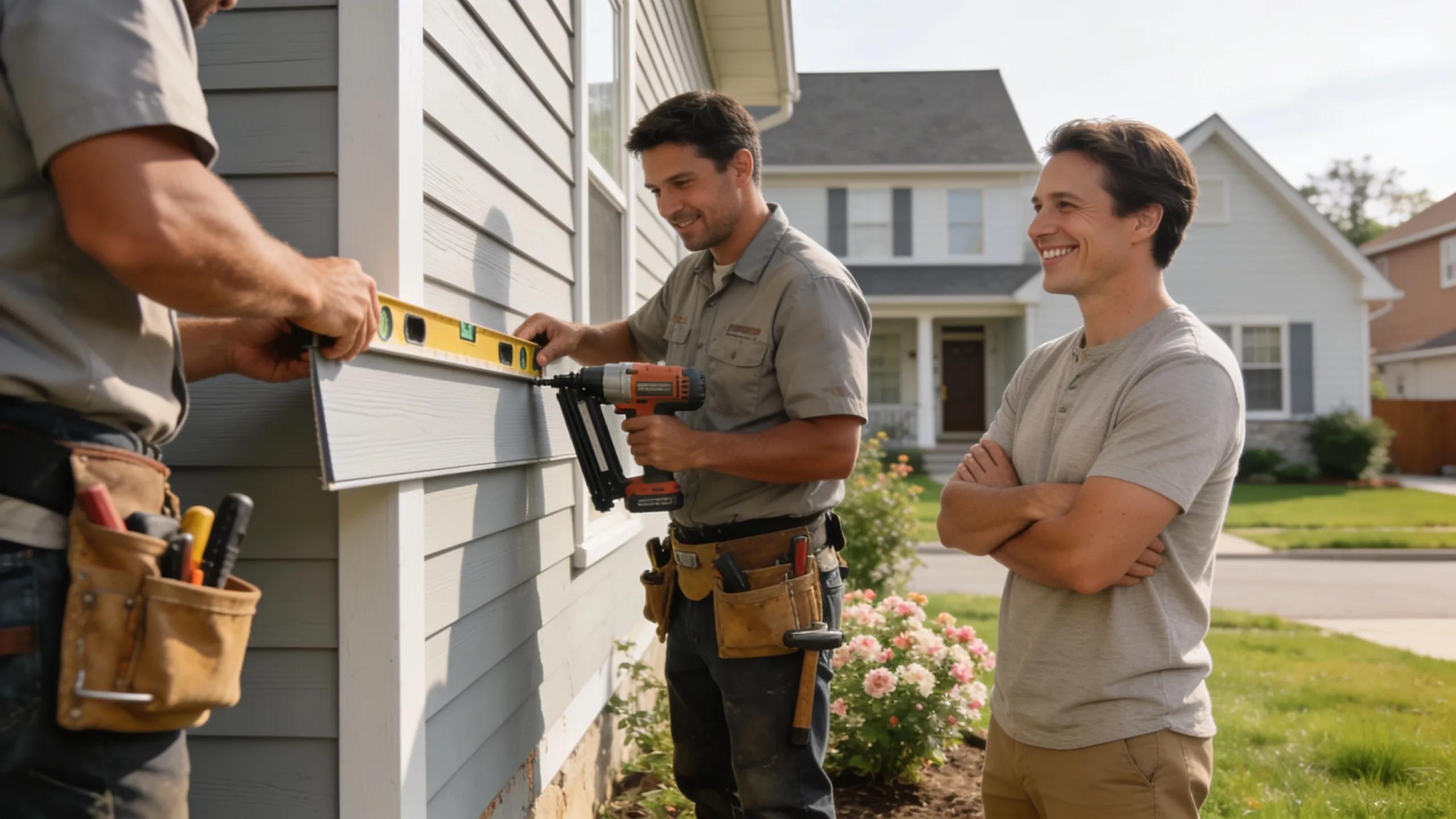 Professional contractor installing new siding with homeowner observing, illustrating expert services