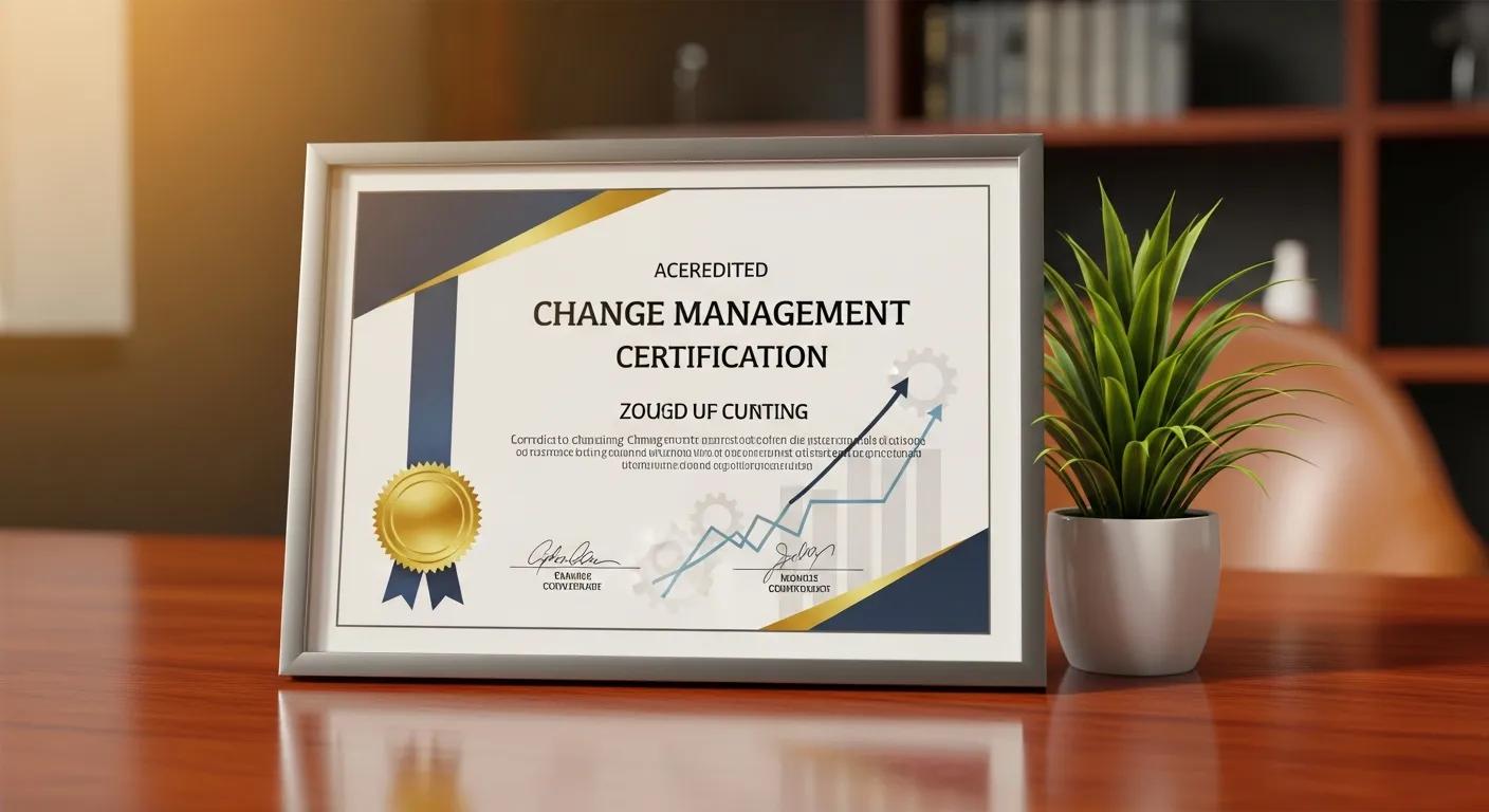 Framed change management certification on a desk, symbolizing accredited professional development and career advancement.