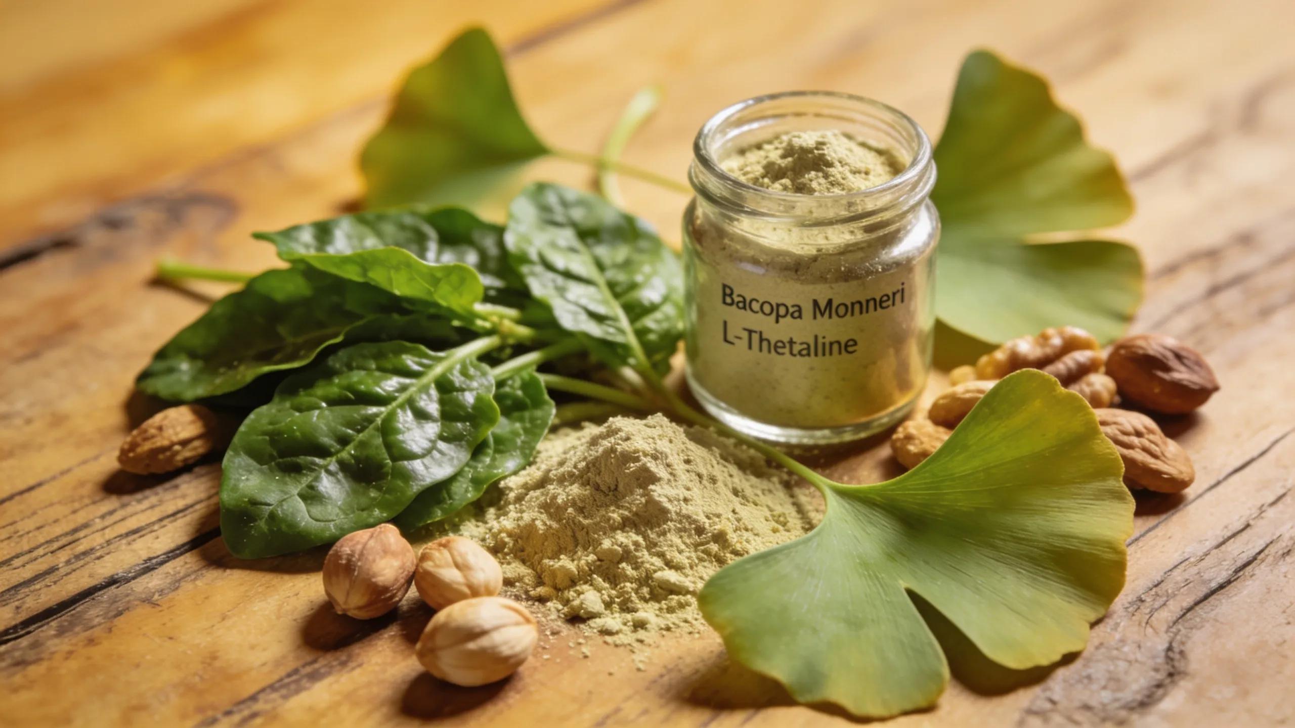 Close-up of nootropic ingredients showcasing Bacopa Monnieri, L-Theanine, and Ginkgo Biloba