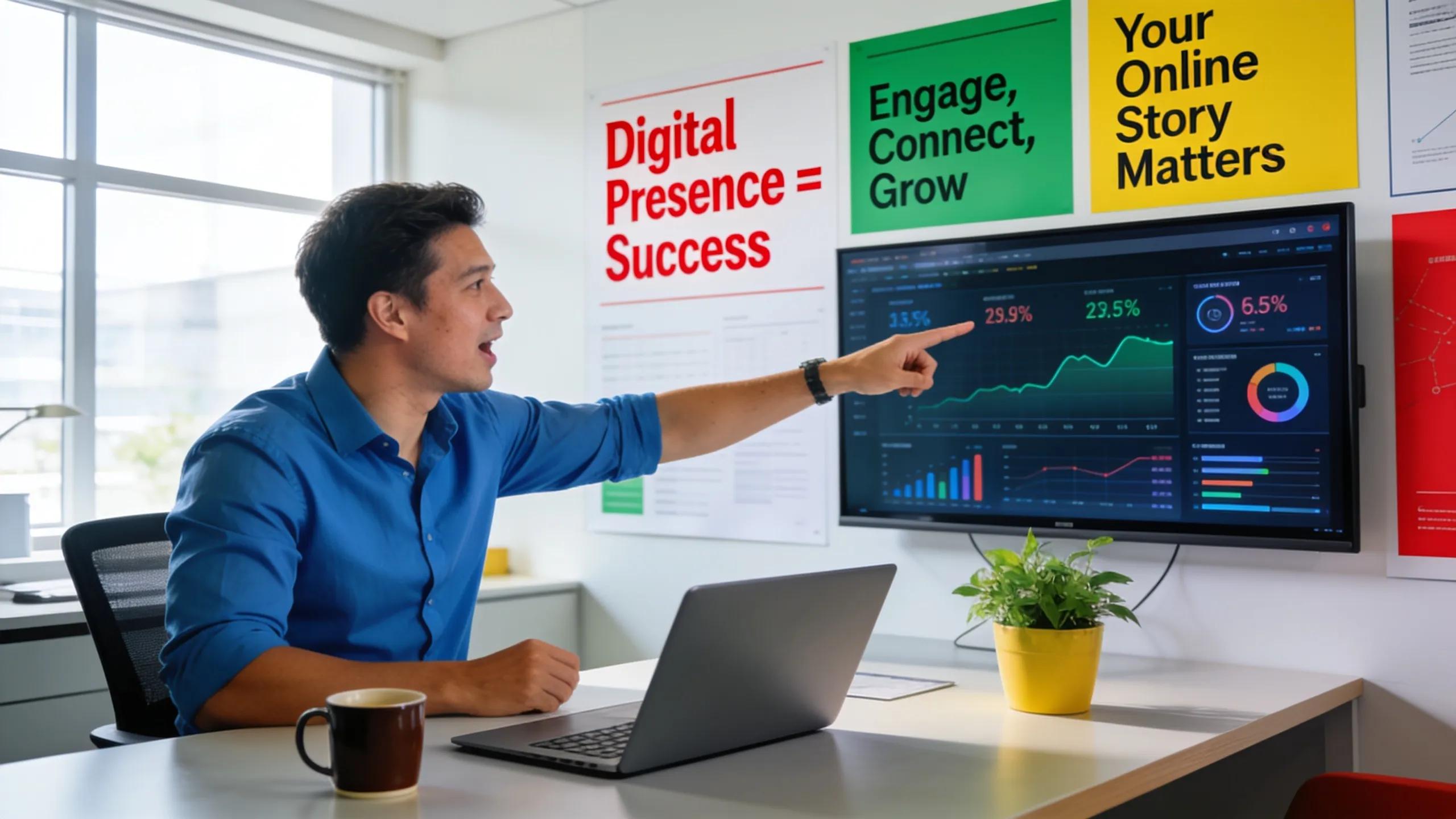 Coach analyzing digital marketing results on a laptop in a vibrant workspace