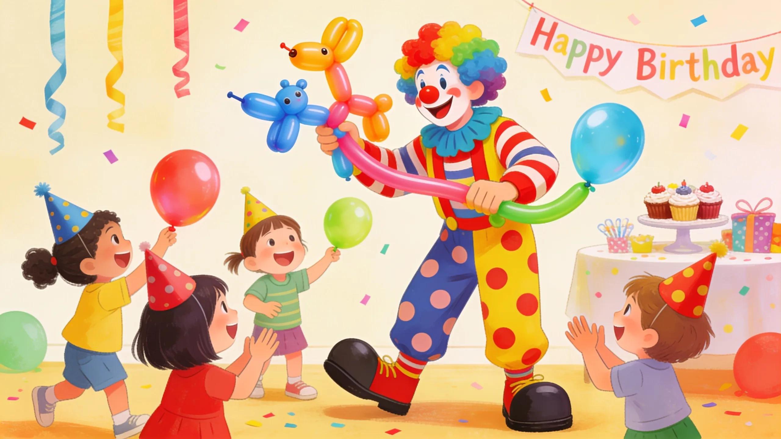 Colorful clown entertaining children at a birthday party with balloons and decorations