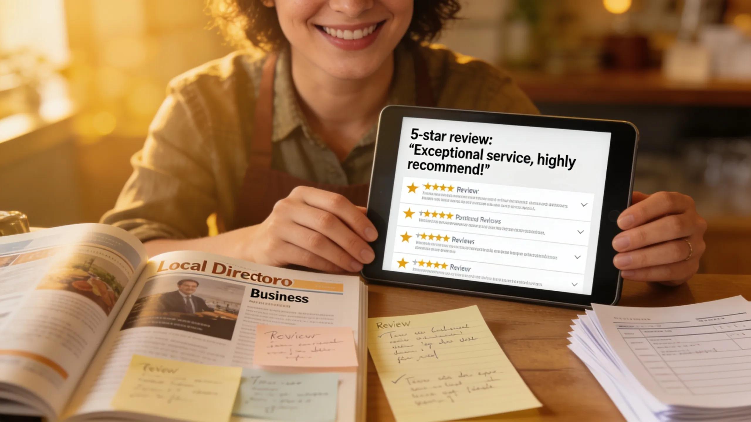 Business owner interacting with customer reviews on a tablet, emphasizing the impact of citations on local rankings