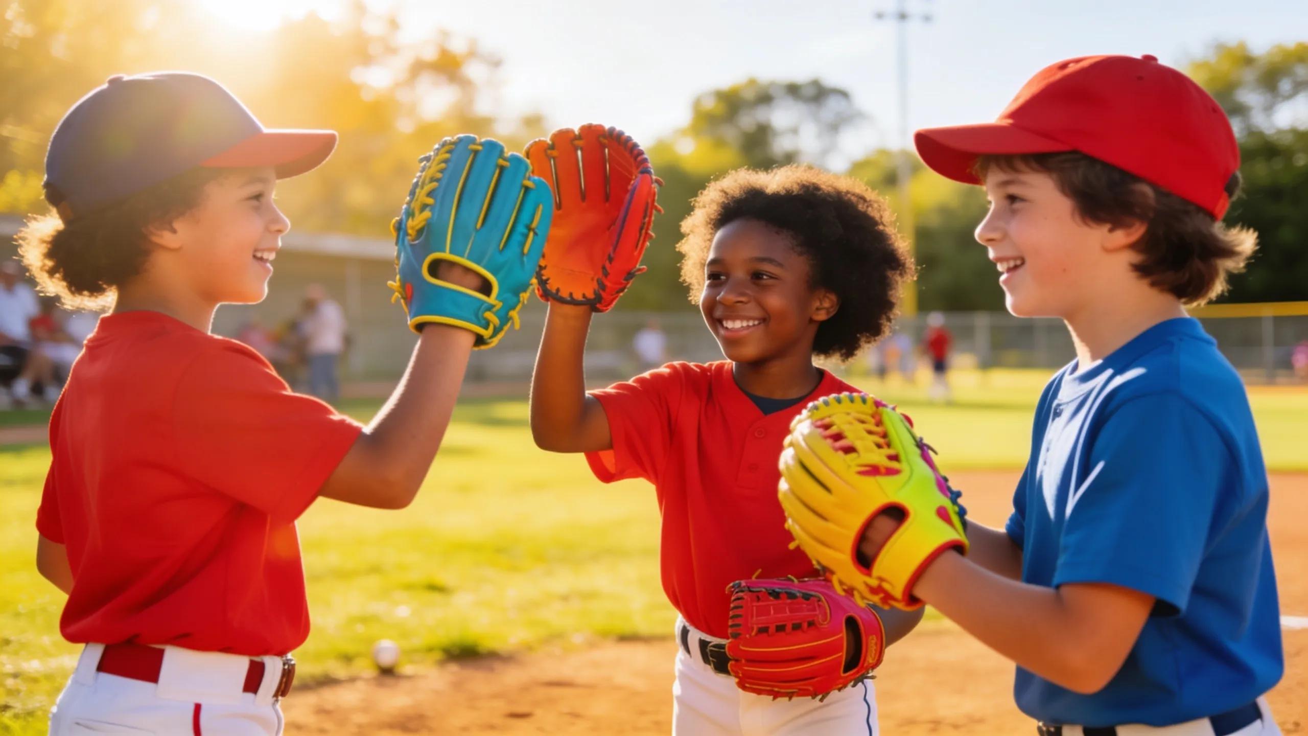 Youth baseball players wearing colorful gloves on a sunny field, showcasing excitement for the game