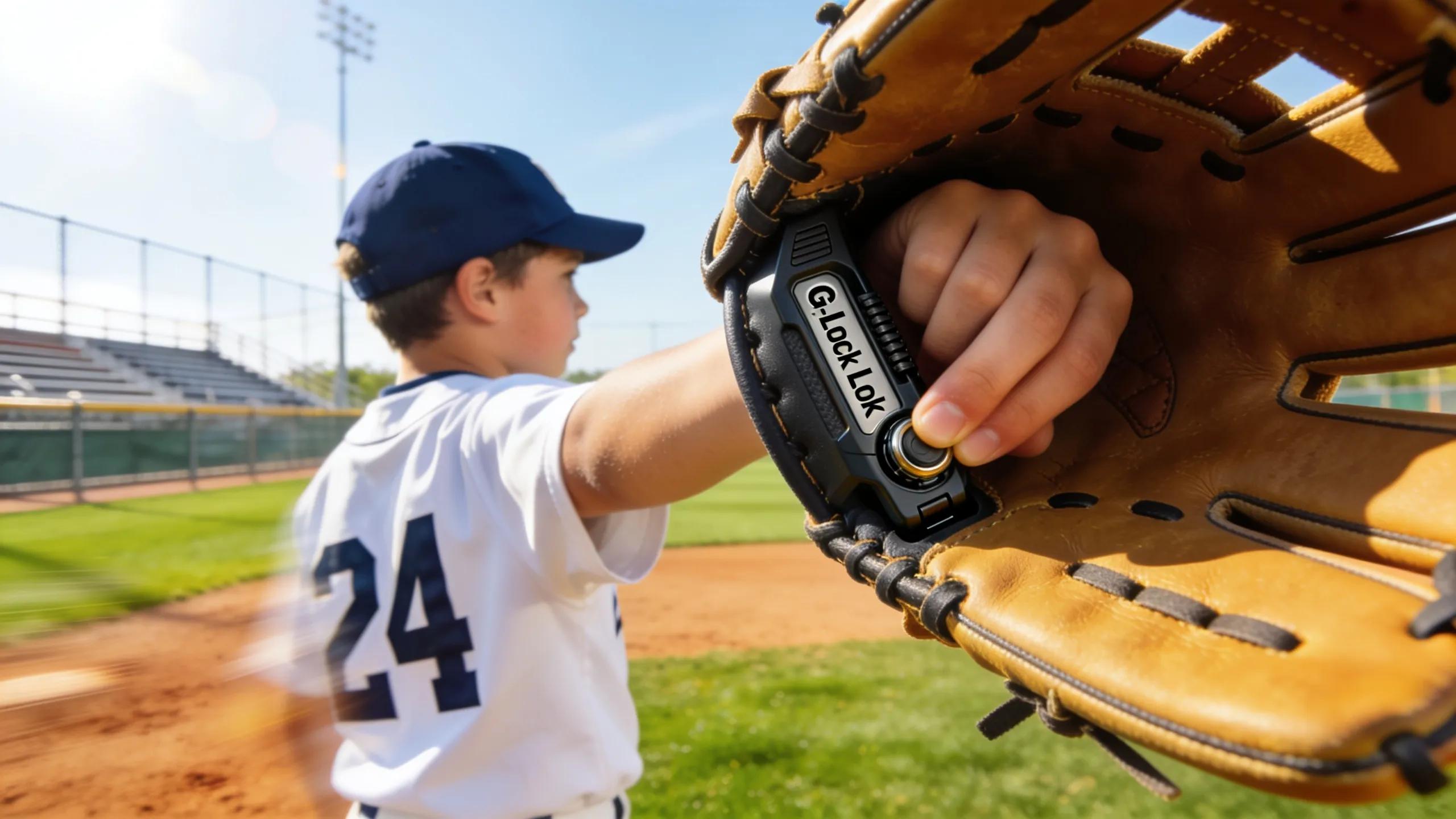 Young player demonstrating the G-Lock system for adjusting glove fit, highlighting innovative design in youth baseball gear. Young player demonstrating the G-Lock system for adjusting glove fit, highlighting innovative design in youth baseball gear.