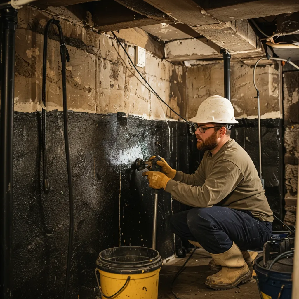 Contractor explaining basement waterproofing costs to a homeowner in a basement