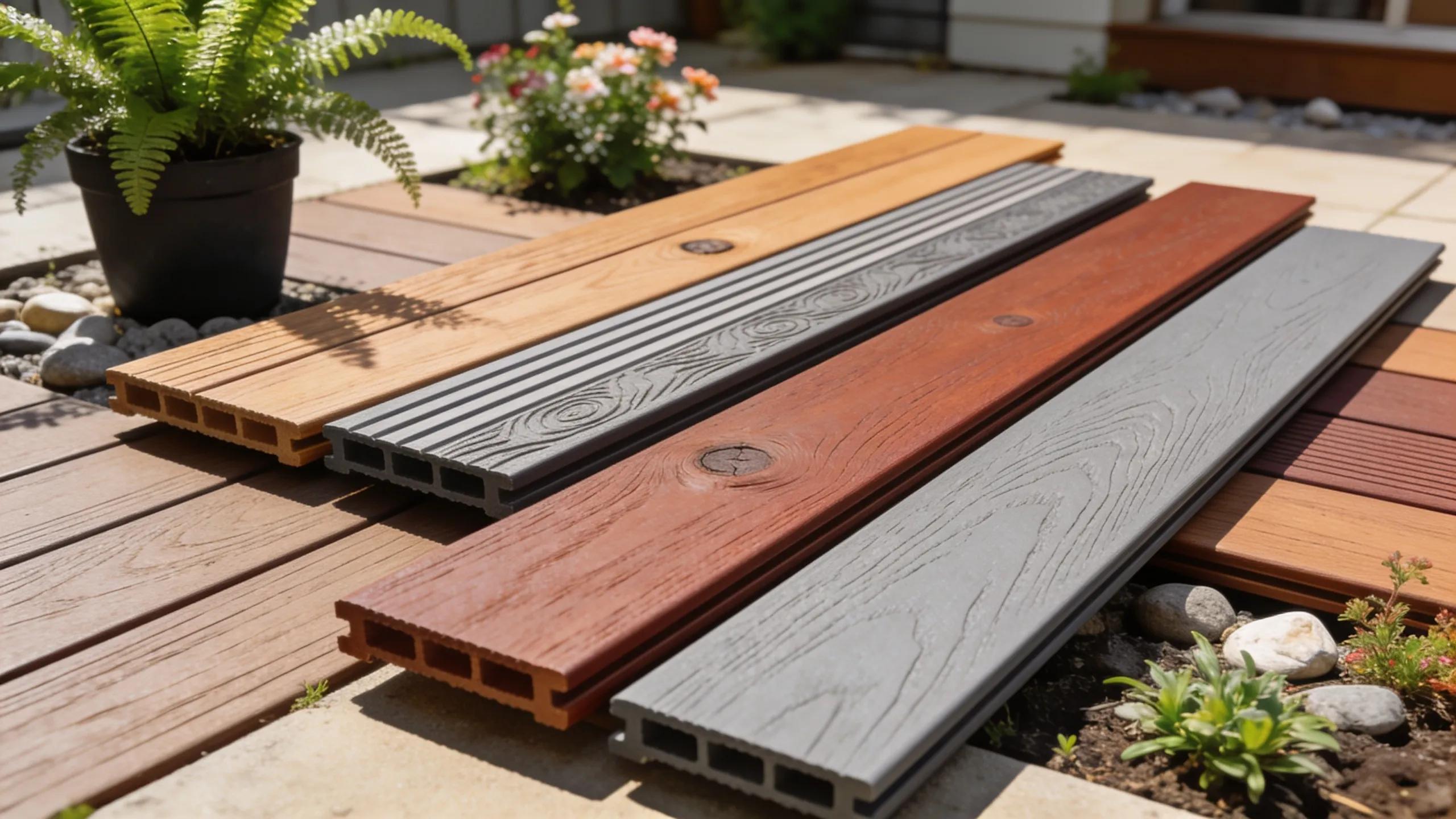 Variety of composite decking boards featuring wood-like finishes and textures in an outdoor setting