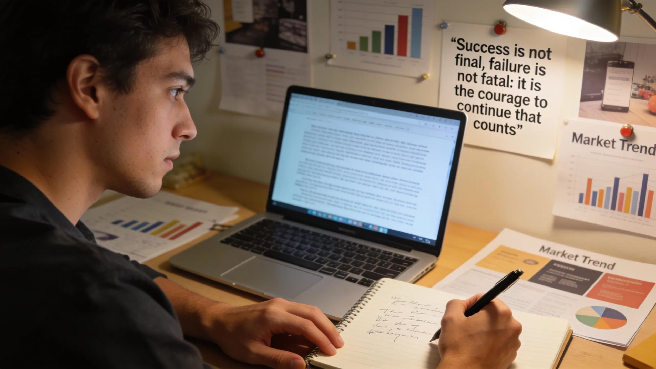 Individual analyzing public relations content in a focused working environment