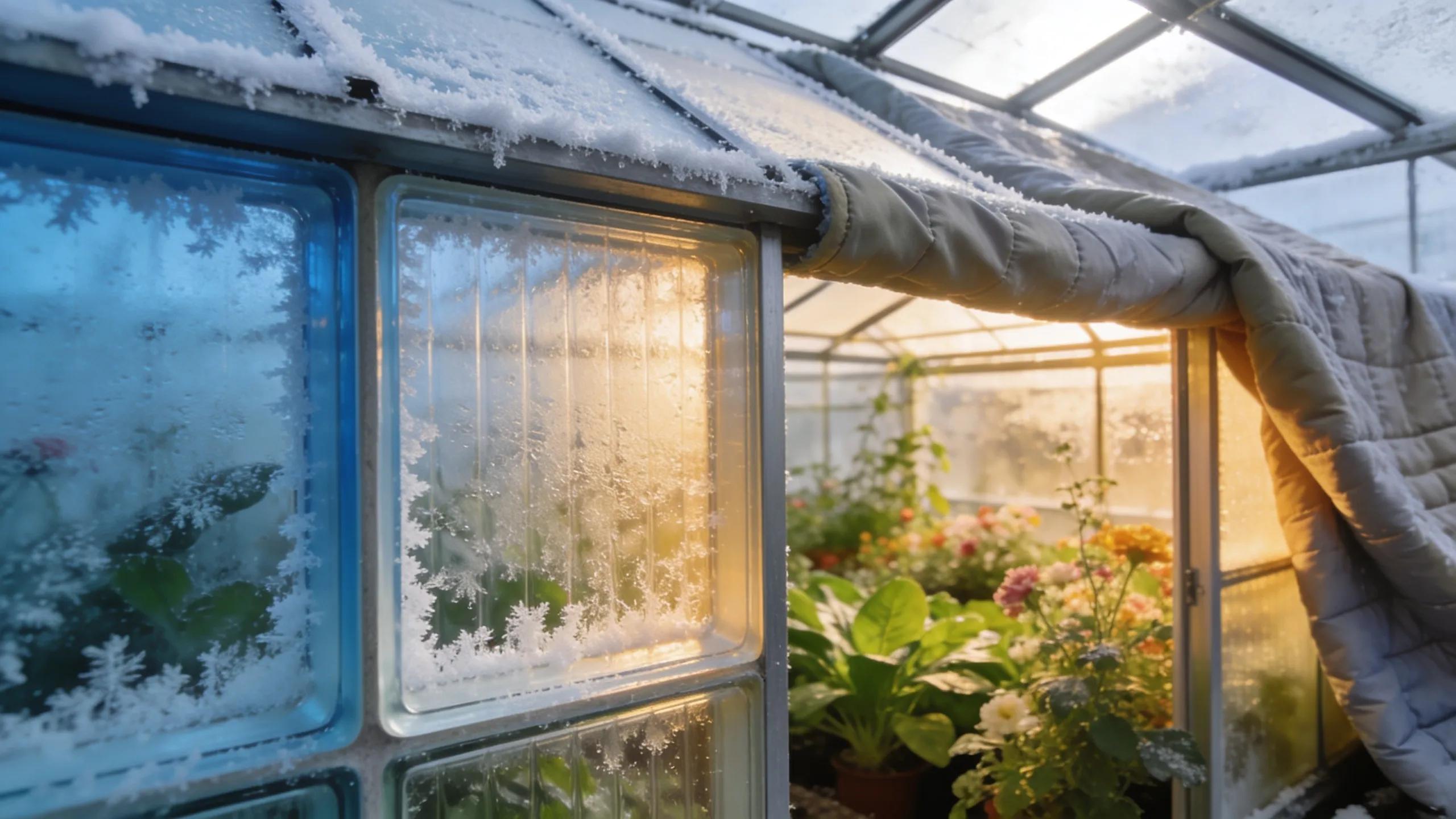 Close-up view of insulation materials inside a greenhouse, demonstrating winter heat retention and energy efficiency.