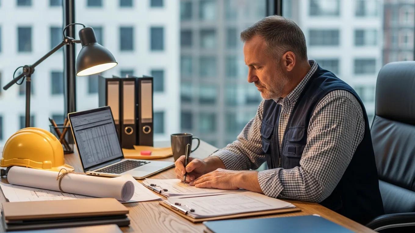 General contractor reviewing insurance documents on office desk