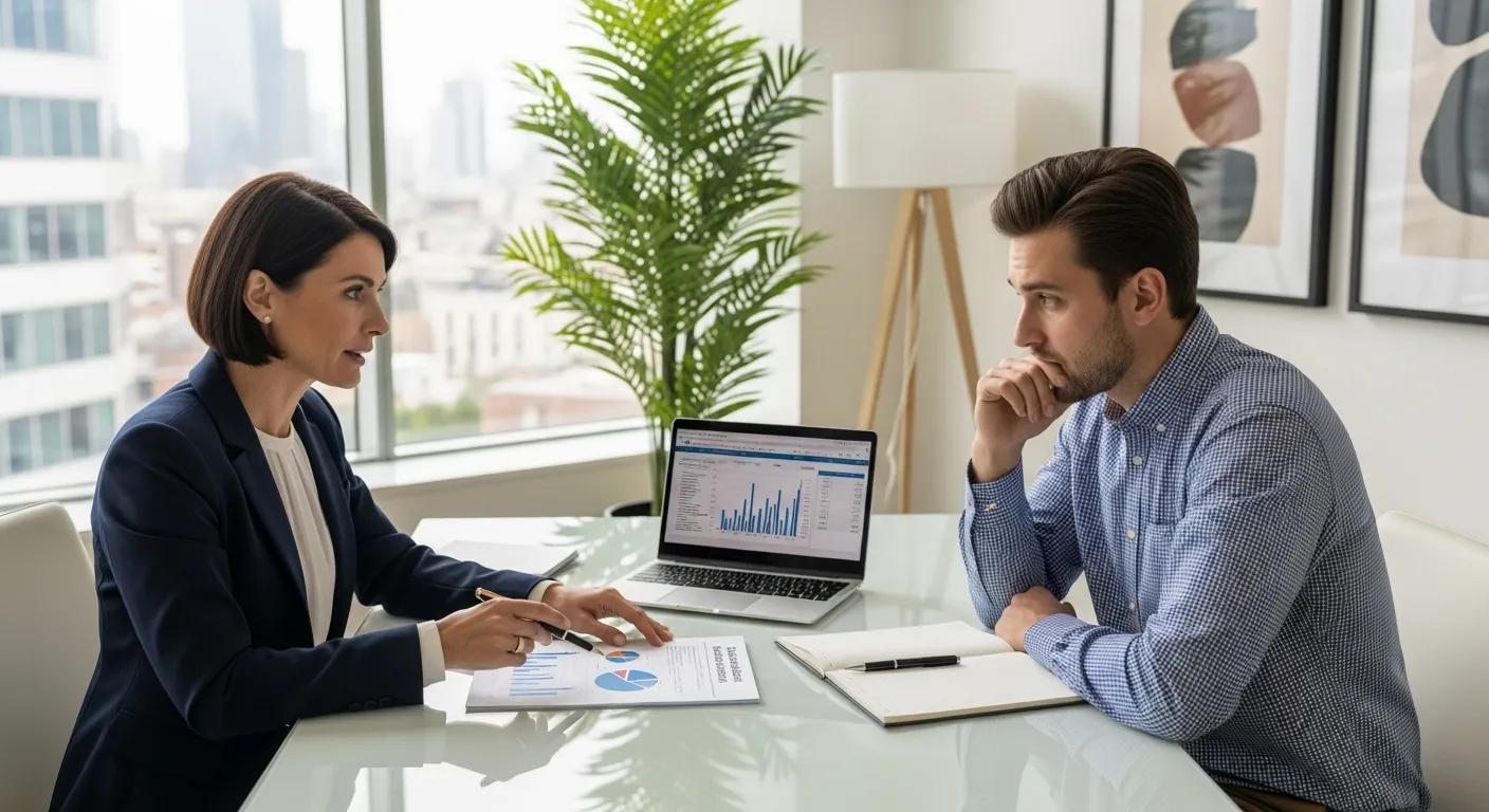 Financial advisor and beginner investor discussing loan workout strategies in a modern office Financial advisor and beginner investor discussing loan workout strategies in a modern office