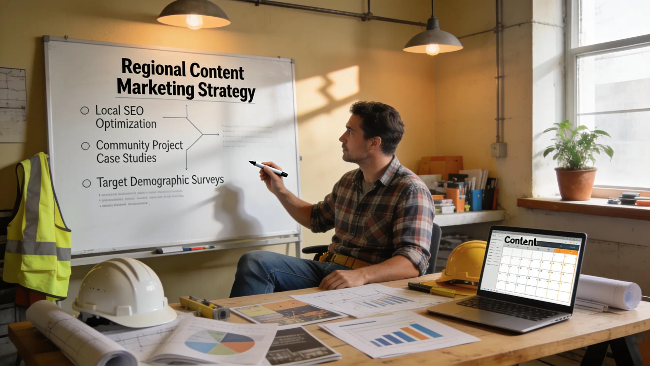 Contractor planning local content marketing ideas amid construction materials