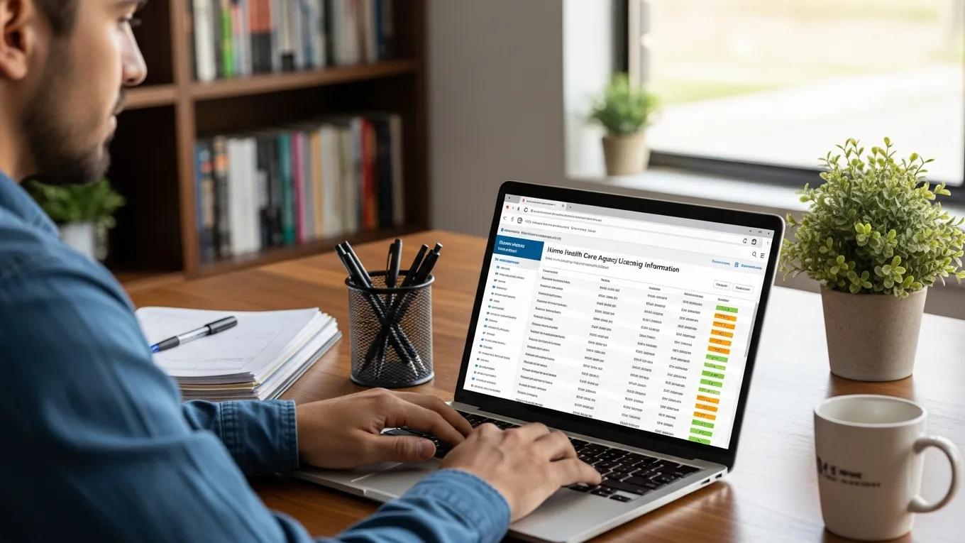 Person checking home health care agency licensing information on a laptop in a home office